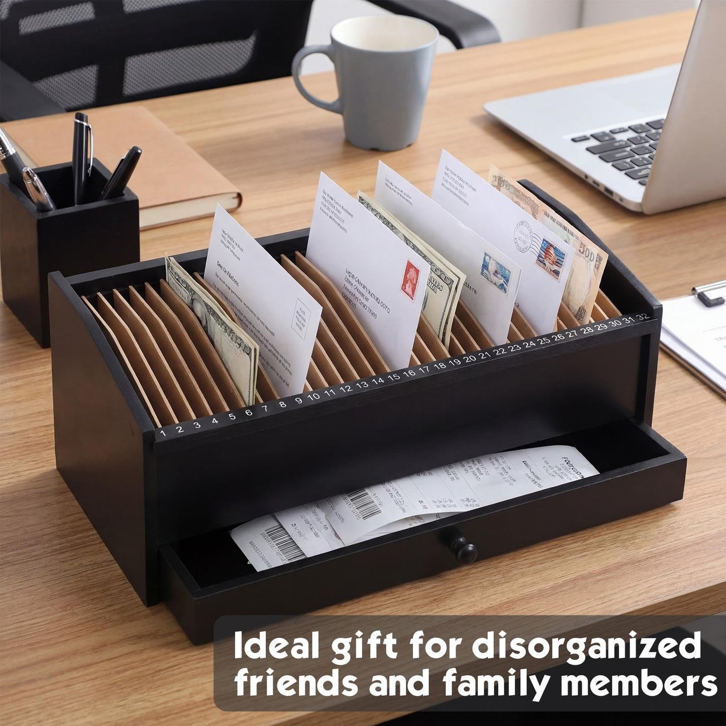 Teecyhooo Wood Desktop Organizer with Drawer, 17 Inch 32 Section Bill & Mail & File Organizer Storage for Office Desk, Desktop Mail Holder and Office Supplies Storage, Letter and Paper Sorter(Black)