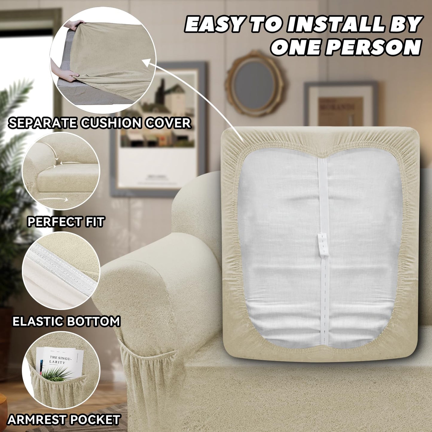 Pfrstuv Sofa Slipcover with Armrest Pockets 4-Piece Set, Stretch Faux Leather Couch Cover for 3-Cushion Couches(Fits 72-92") - Non-Slip, Machine Washable, Pet & Kid Friendly - Beige