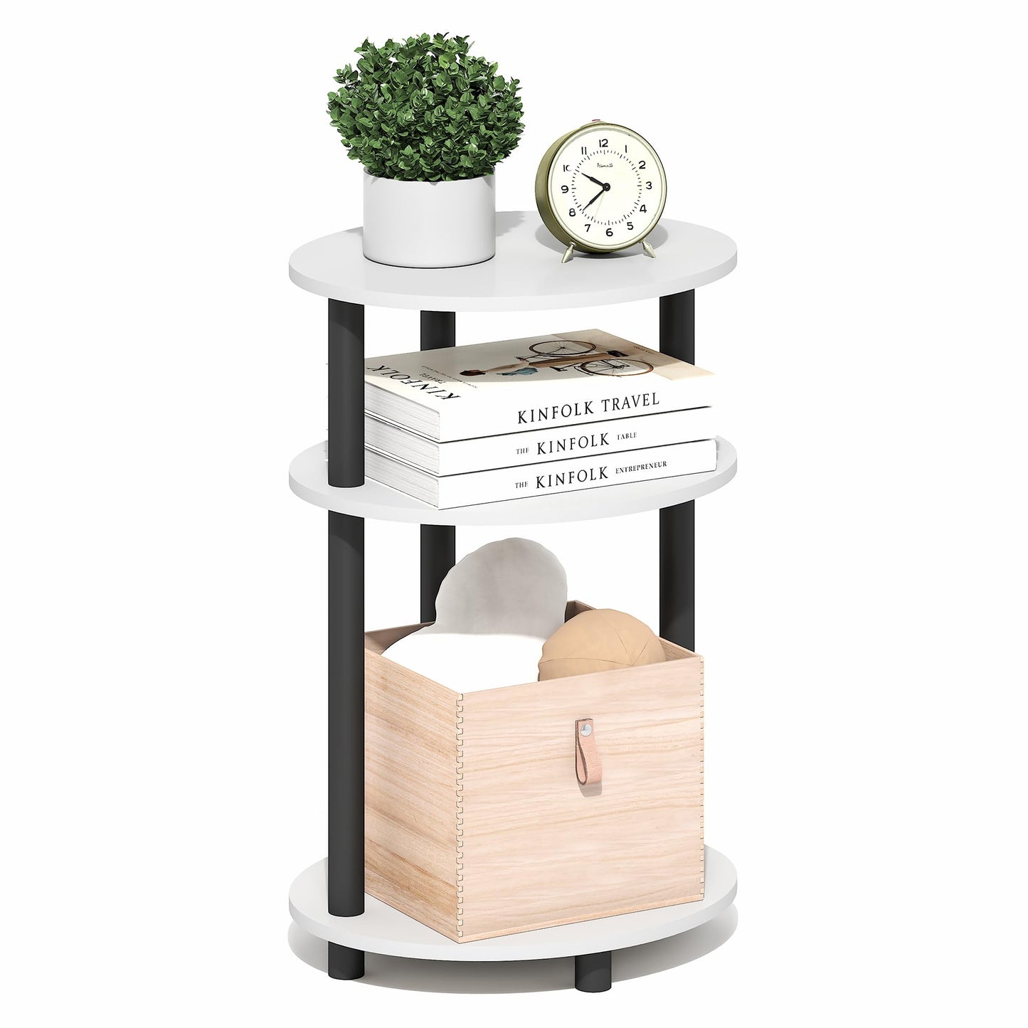 Furinno Turn-N-Tube Side Table, 3-Tier Oval End Table, Night Stand, Bedside Table, for Living Room, Bedroom, White/Black
