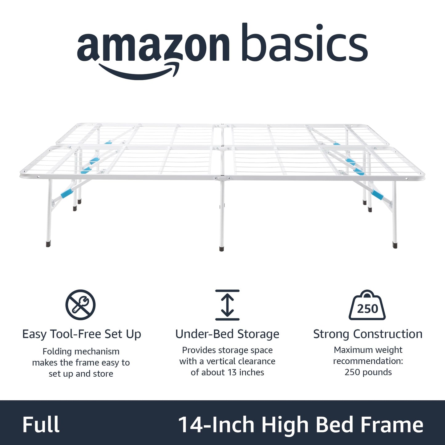 Amazon Basics Platform Bed Frame Full, Foldable Metal, Tool-Free Setup, 14 Inches High, White