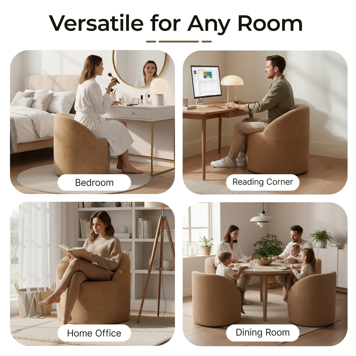 Barrel Accent Chair, Modern Chenille Reading Chair with Ergonomic Curved Back, Round Supportive Armchair for Living Room, Bedroom, Reading Corner & Office, No Assembly Required, Camel
