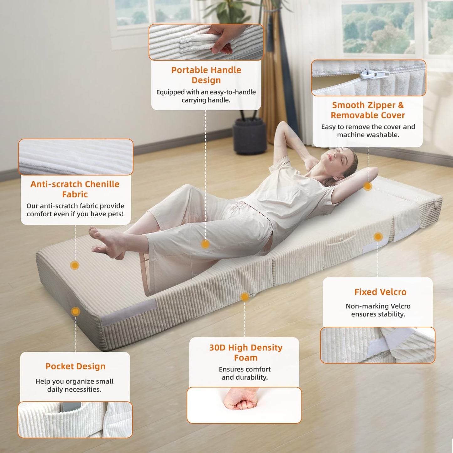 INRLKIT Cozy Folding Sofa Bed Convertible Sleeper Chair Couch Foldable Floor Mattress Comfy Portable Floor Sofa Lounge for Living Room Bedroom(77"x26",Beige White,30D Density Foam)