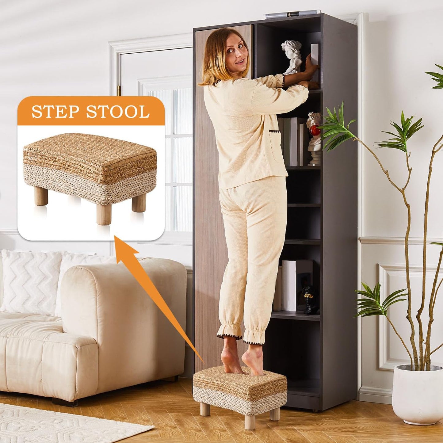 Wimarsbon Natural Seagrass Footstool Ottoman Rectangular Footrest Pouf Ottomans with Wooden Legs Hand Weave Step Stool for Living Room Bedroom Entryway White