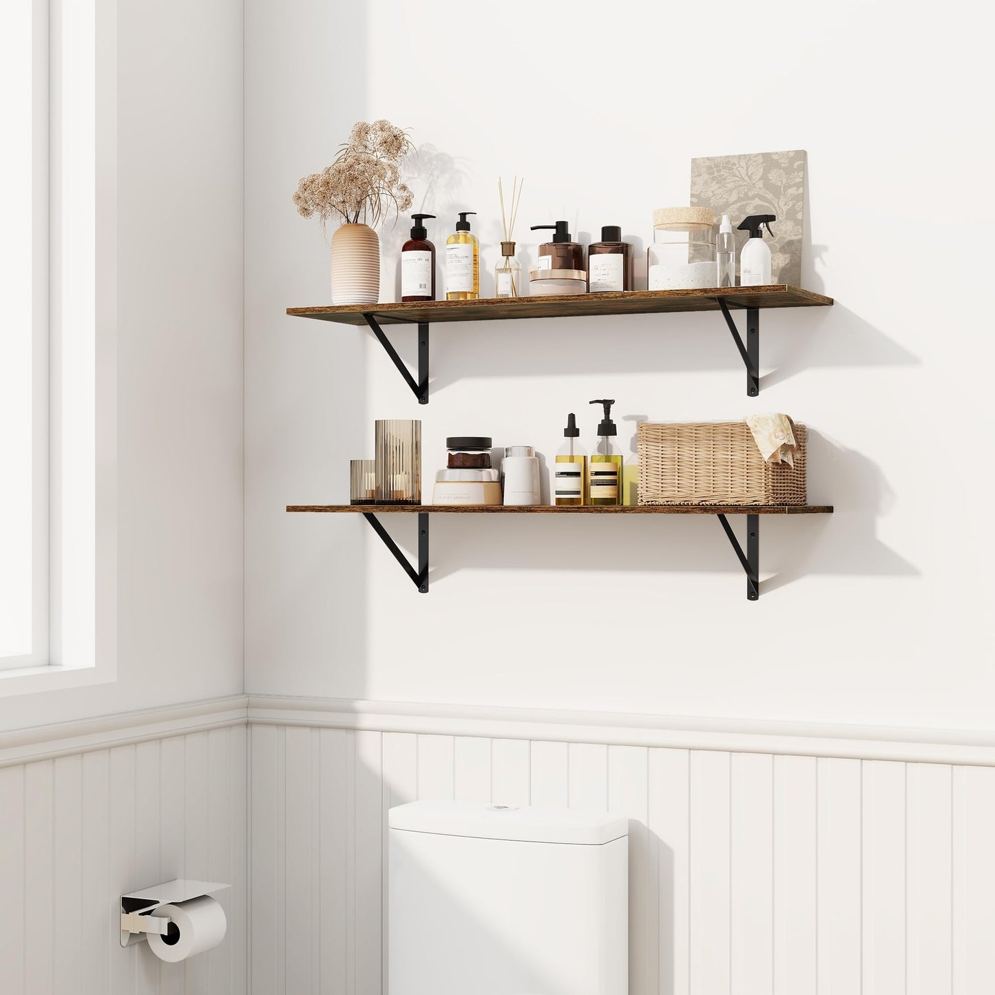 Fun Memories Deep Floating Shelves for Wall, 16W x 8D Wall Mounted Shelves Set of 2, Wide Display Ledge Shelf with Sturdy Metal Brackets for Living Room, Bathroom, Bedroom and Kitchen, Rustic Brown