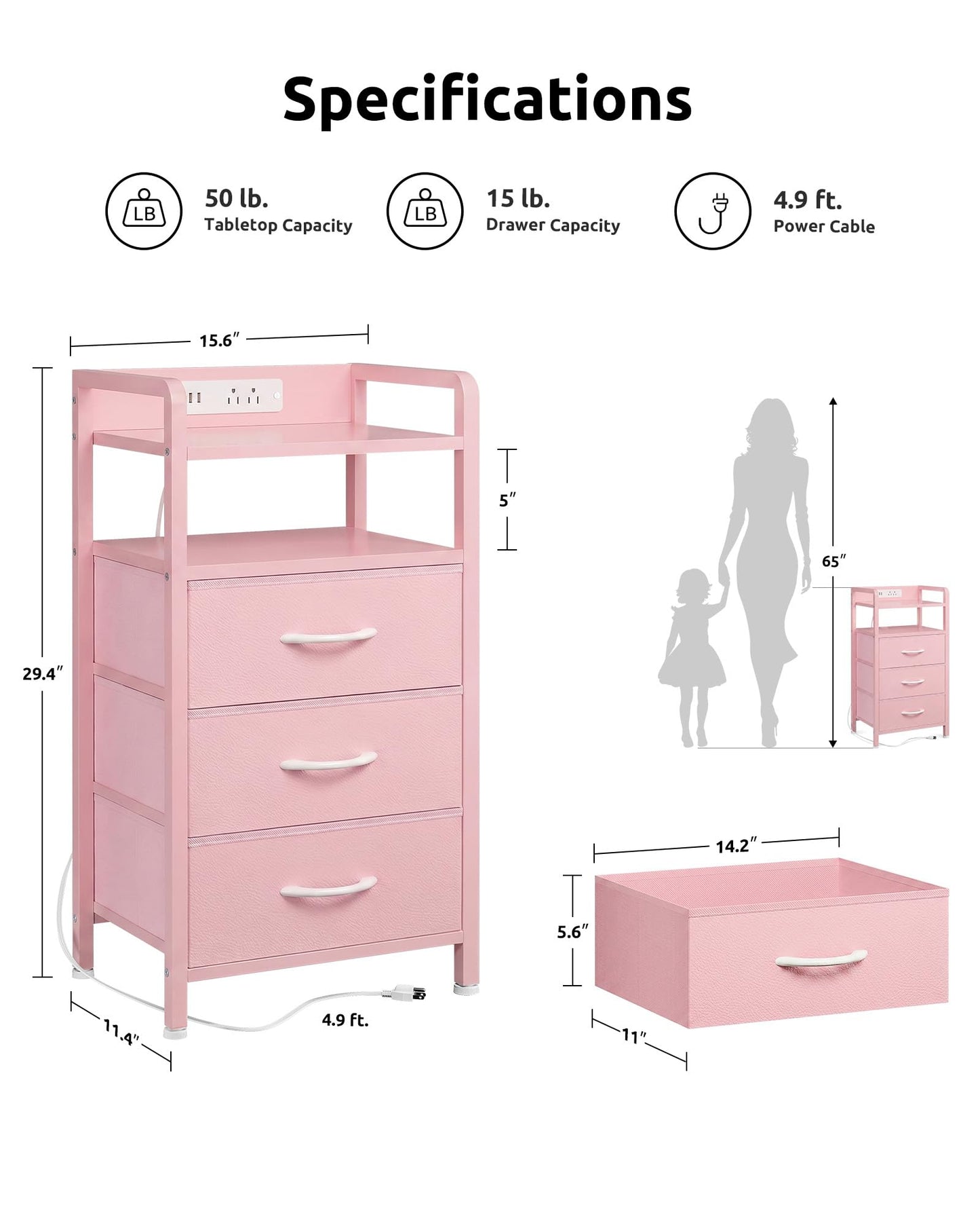 Lazzanto Night Stand Bedside Charger Bedroom - Nightstand with Charging Station & LED Light Strip, Night Stand with Storage Shelf & 3 Fabric Drawers, Morden End Table with USB Ports&AC Outlets,Pink