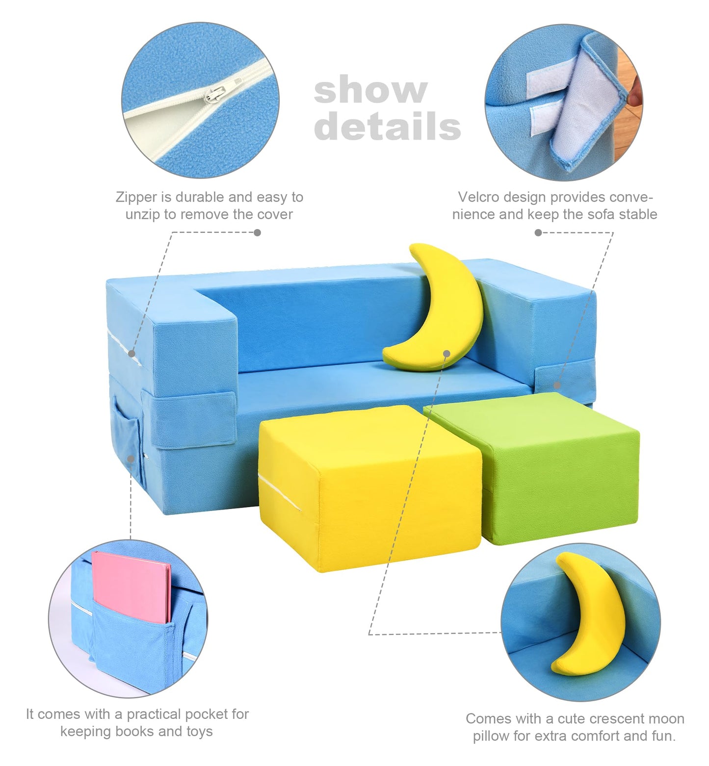 Elftopia Modular Kids Sofa,Toddler Couch Foam Armchair for Kids,Children Convertible Plush Sofa Play Set,Fold Out SofaBed(Dynami Color)