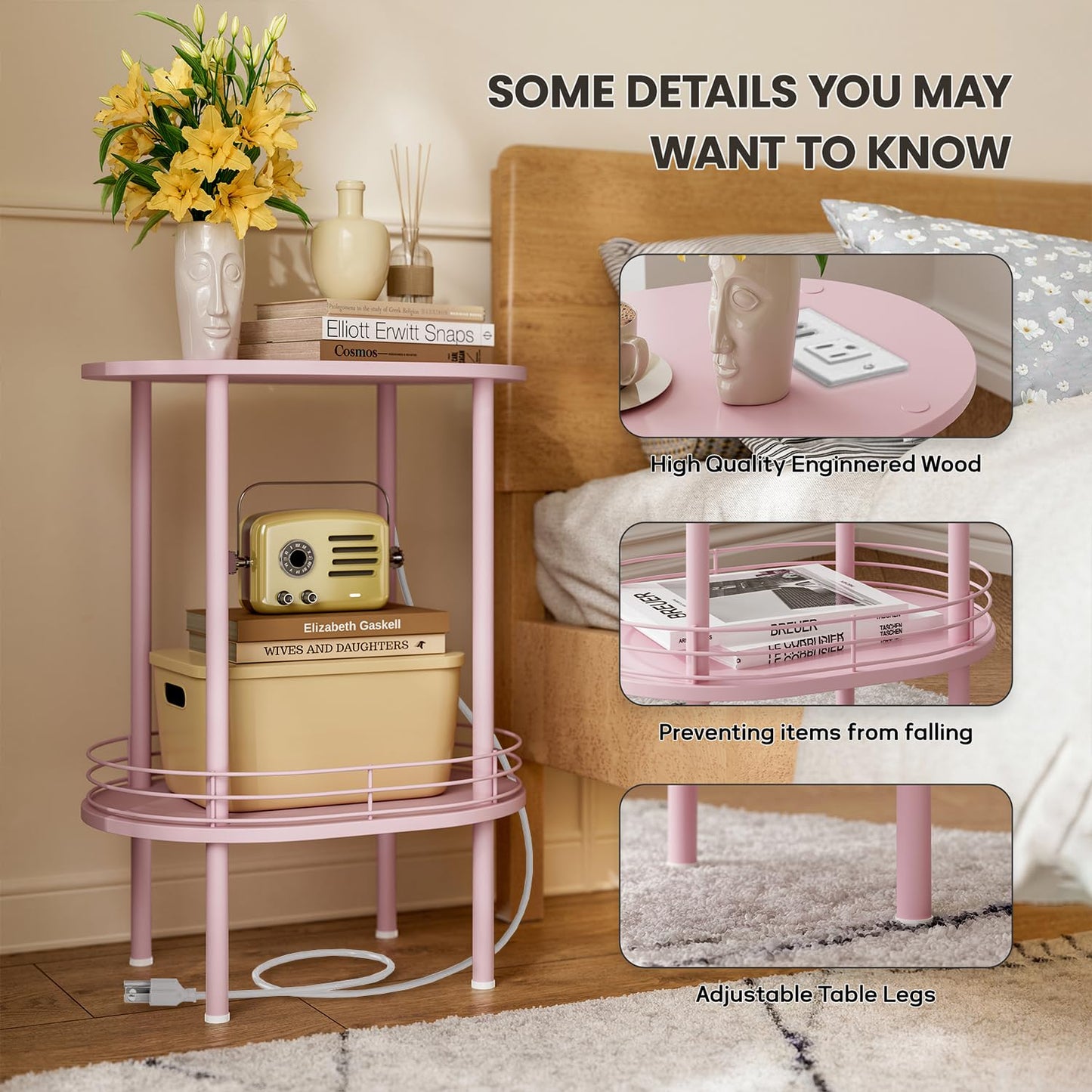 DGSANDGO Pink Side Table with Charging Station,Side Tables Living Room,Nightstand with USB Ports and Outlets,Samll End Table for Small Space,Living Room,Bedroom, Nursery,(1PC,Pink)