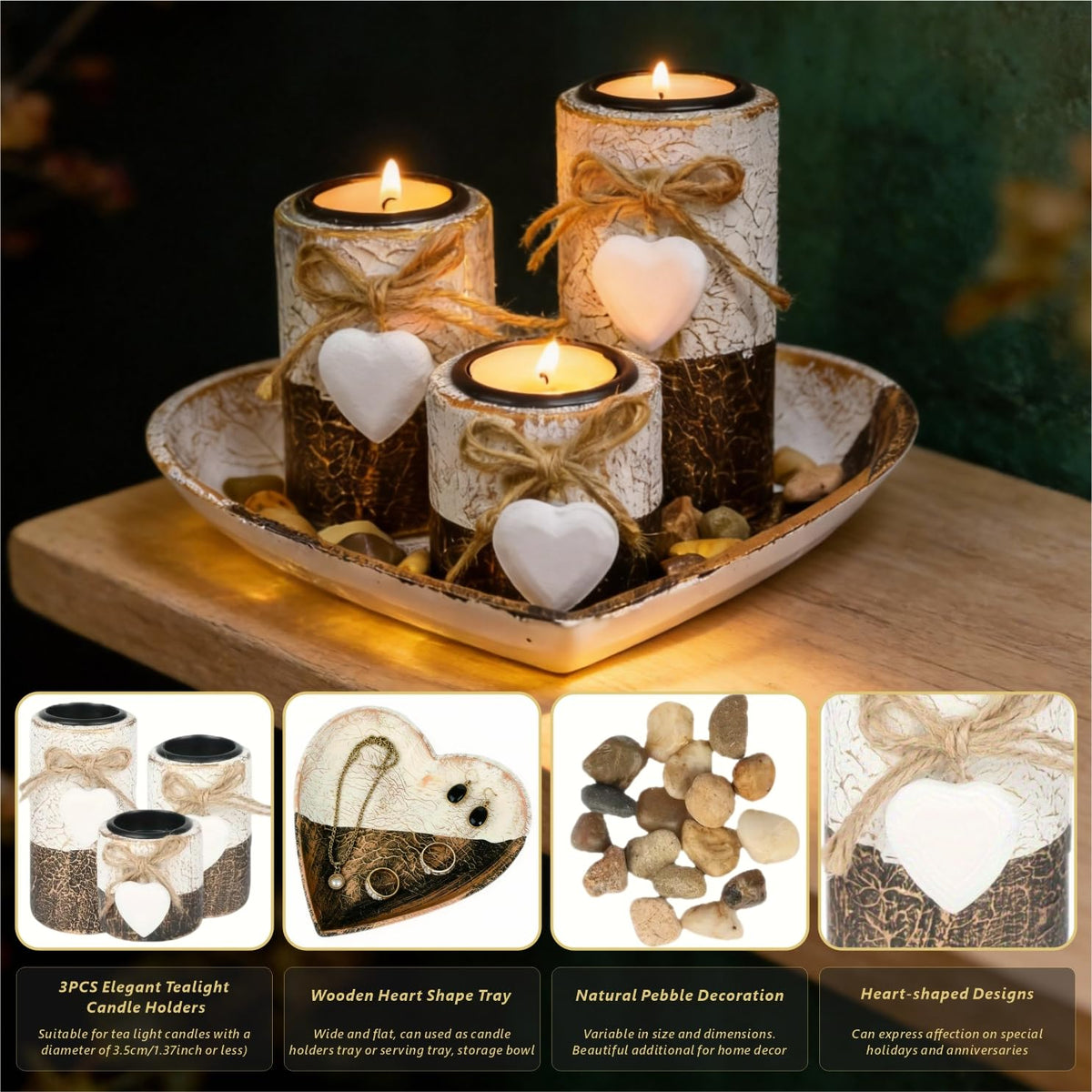 Wooden Tealight Candle Holders with Heart Tray, Rustic Farmhouse Candle Holders for Table Centerpiece Classic and Elegant Tea Light Holder Set for Valentines Day Wedding Anniversary Holiday Home Decor