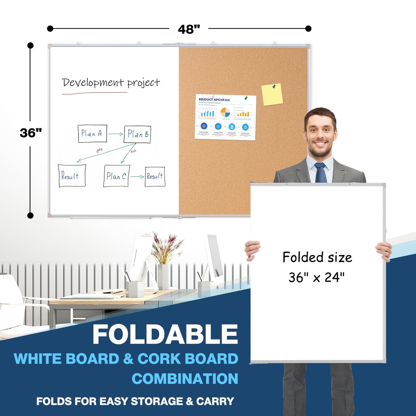 Large White Board Dry Erase Foldable Cork Board Combo, 48" x 36" Double Sided Dry Erase Board for Wall, Magnetic Whiteboard Cork Board Combination for Office, Home, School, Kitchen