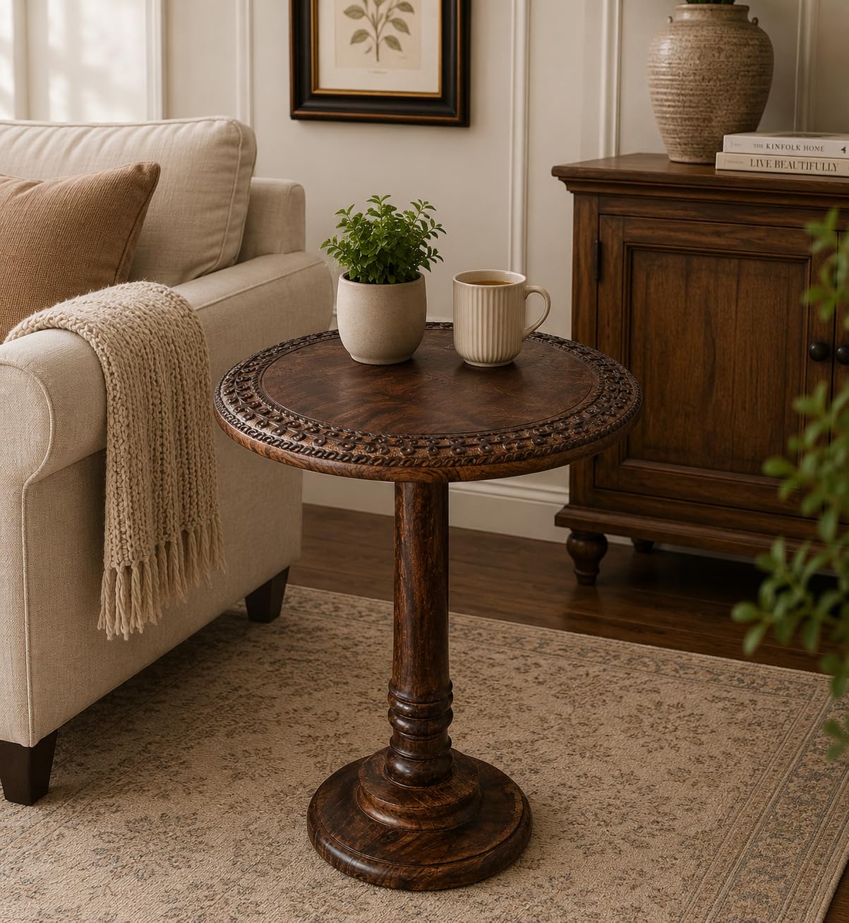 Farmhouse Side Tables for Living Room, Solid Wood End Tables Living Room, Small Round End Table, Rustic Coffee Table Accent, Wooden Side Table for Bedroom & Sofa Side, Burnt Finish