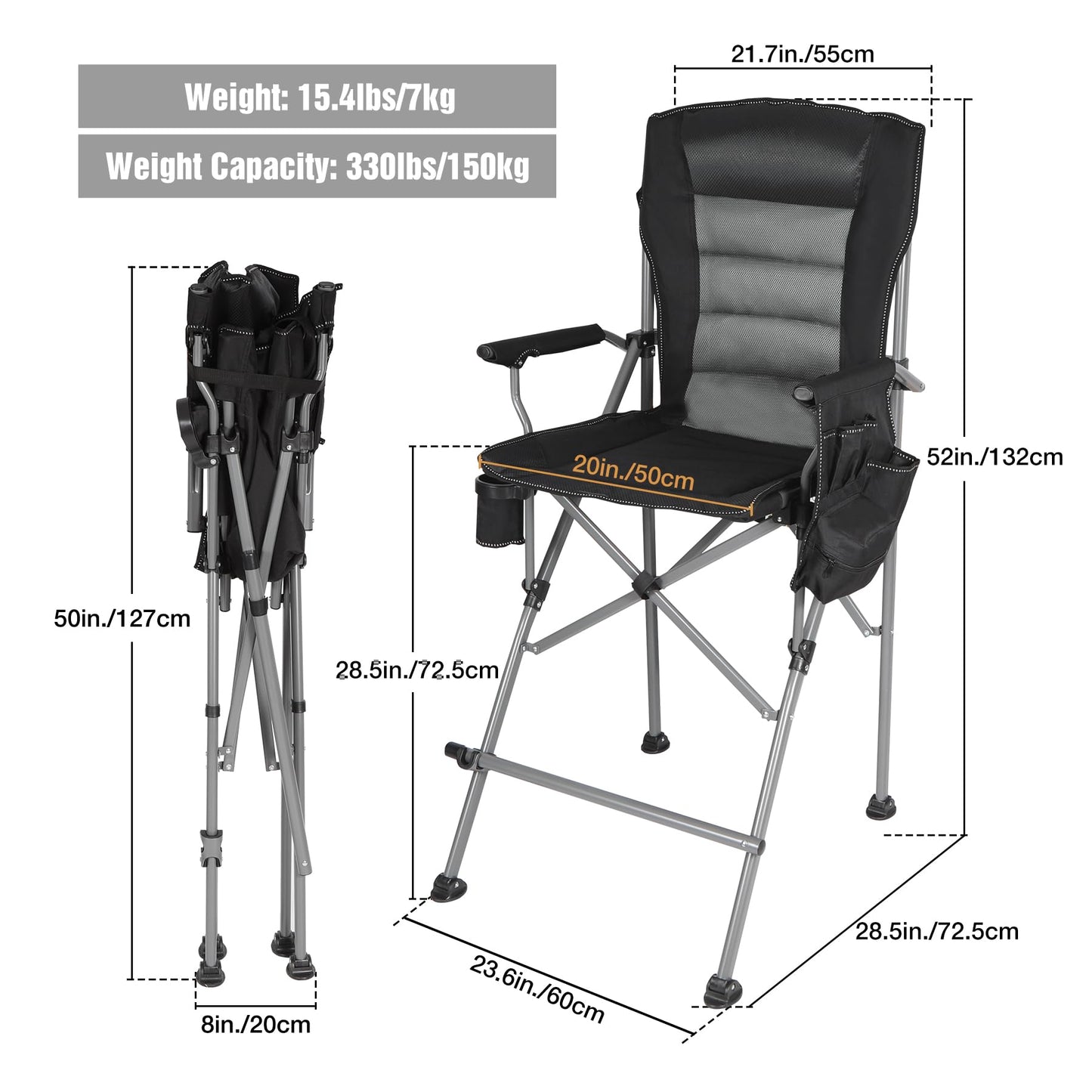 Stonehomy Extra Tall Folding Chairs for Adults 2 Pack, Portable Bar Height Foldable Director Chairs for Camping Outside, Comfortable with Makeup PocketHigh Back and Footrest, Black