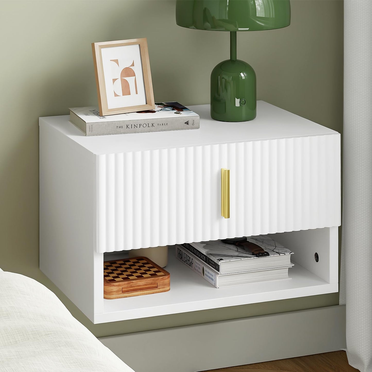 SoBuy Floating Nightstand with LED Sensor Light – Slim Wall Mounted Bedside Table with Drawer and Open Shelf, Modern Narrow White Nightstand for Small Bedrooms and Dorms, FBT176-E-W
