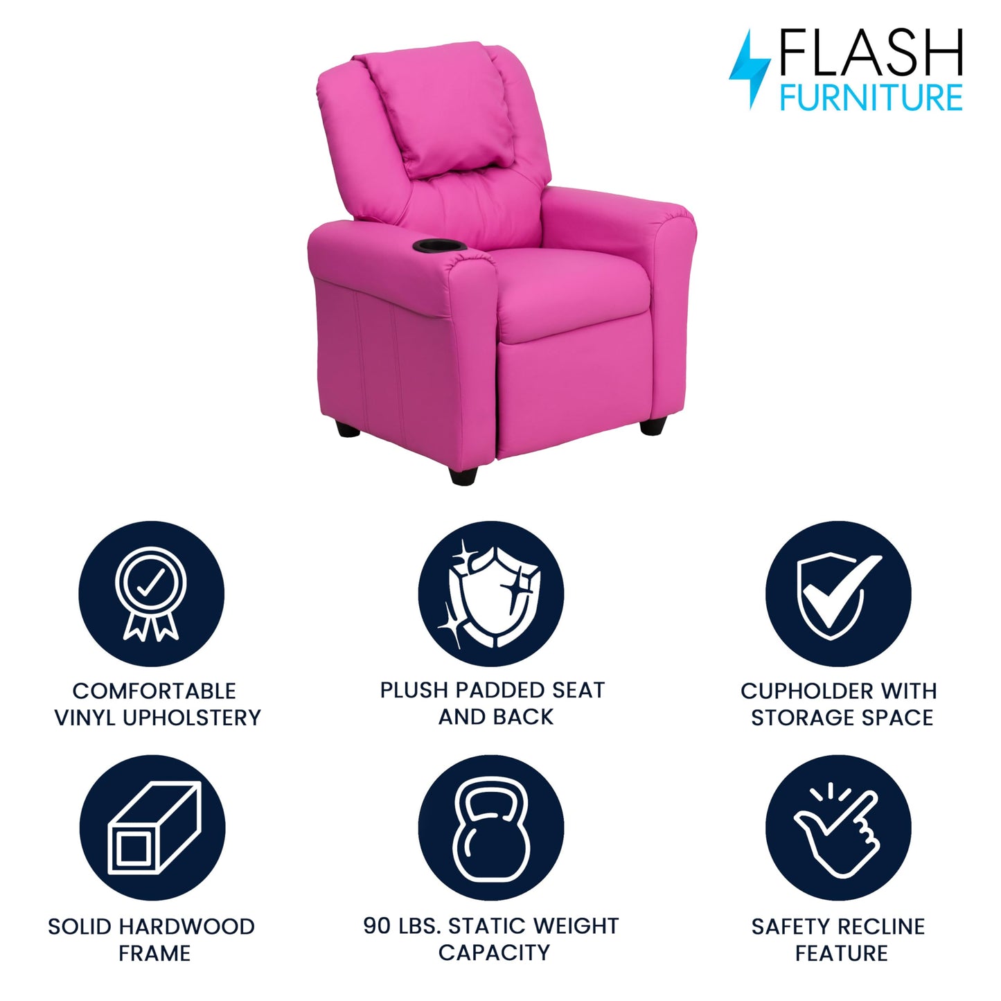 Flash Furniture Vana Vinyl Kids Recliner with Cup Holder, Headrest, and Safety Recline, Contemporary Reclining Chair for Kids, Supports up to 90 lbs., Hot Pink