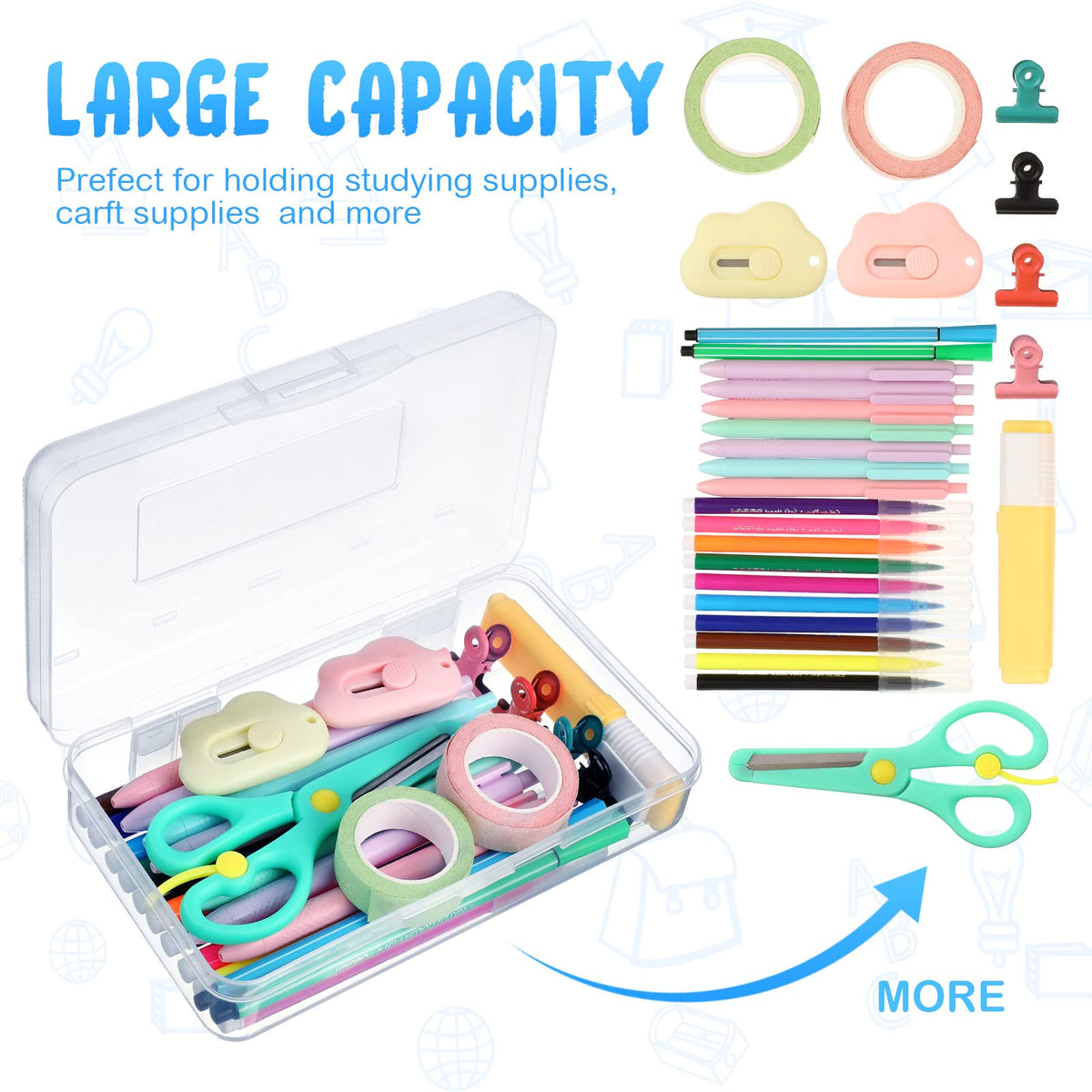 Leelosp 12 Pack Clear Pencil Boxes for School Bulk, Large Plastic Pencil Case with Lid, Stackable Hard Crayon Storage Box for Classroom Kids, Desk Drawer Organizer for Office Home(Clear)