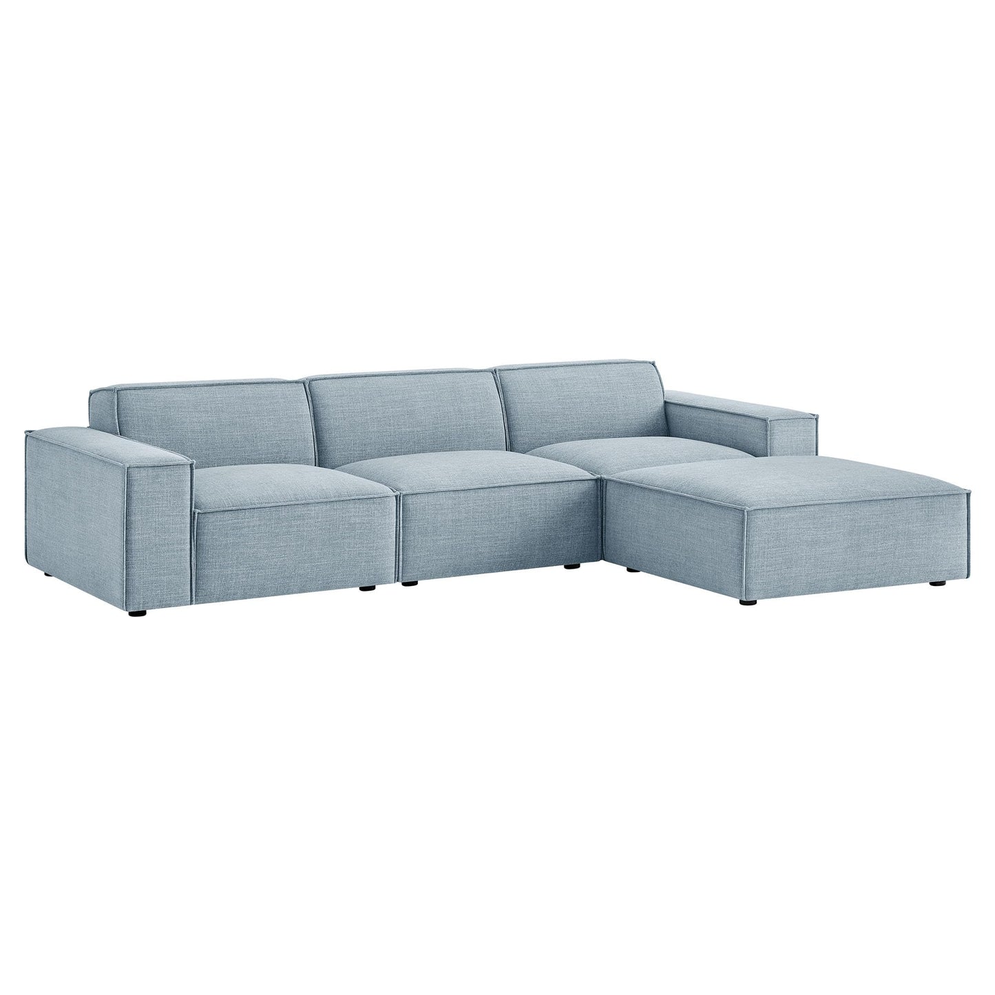 Modway Restore Performance Fabric Upholstered 4-Piece Modular Sofa Set with Ottoman in Sky - Low Profile Sectional Sofa with Coil Seat Support and French Piping