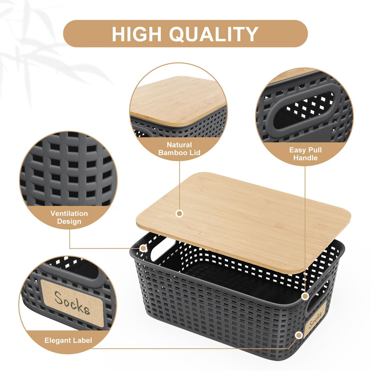 6Pcs Storage Bins with Lids, Stackable Plastic Storage Basket with Bamboo Lid, Pantry Organizer Box Small Containers for Organizing Shelves Drawer Desktop Closet Cabinet Office Classroom 10x7.1x4.1in