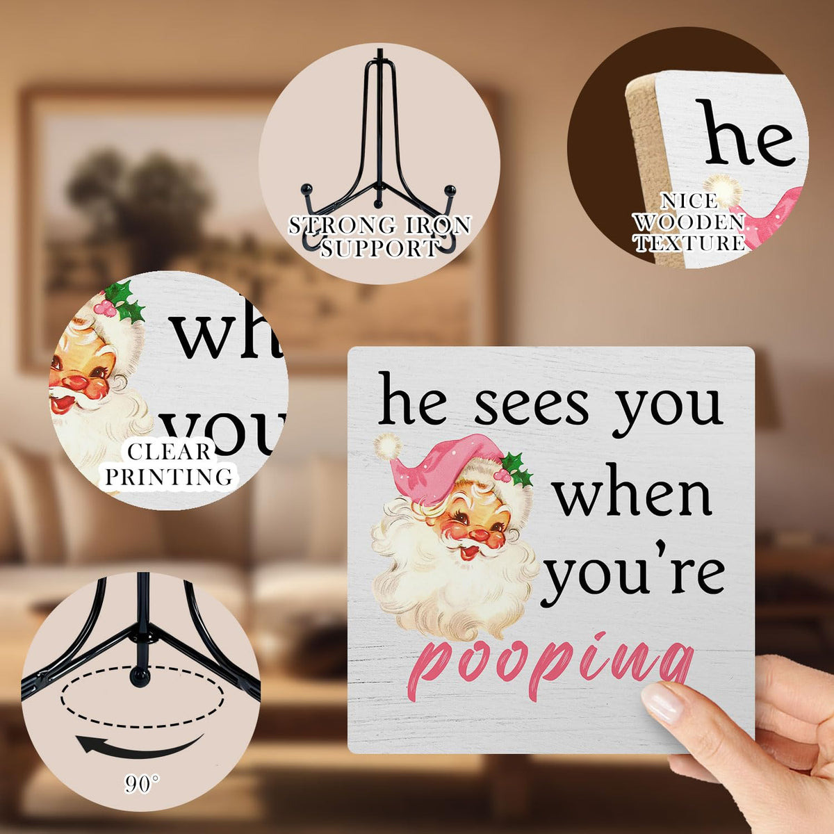 SkipTiger Funny Christmas Bathroom Wooden Desk Sign, He Sees You When You're Pooping Pink Christmas Santa Wood Plaque With Stand for Bathroom Toilet Restroom Shelf Counter Decor