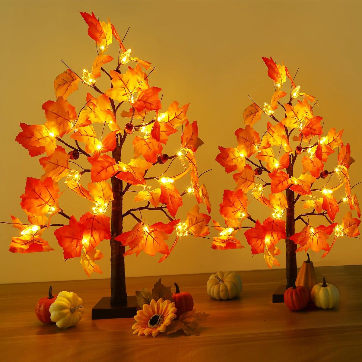Joyhalo 2 Pack 23.5 Inch Fall Trees with Lights, Timer Battery Operated Fall Light Up Tree for Thanksgiving Autumn Home Office Room Indoor Decorations, Faux Fall Lighted Maple Trees Decor