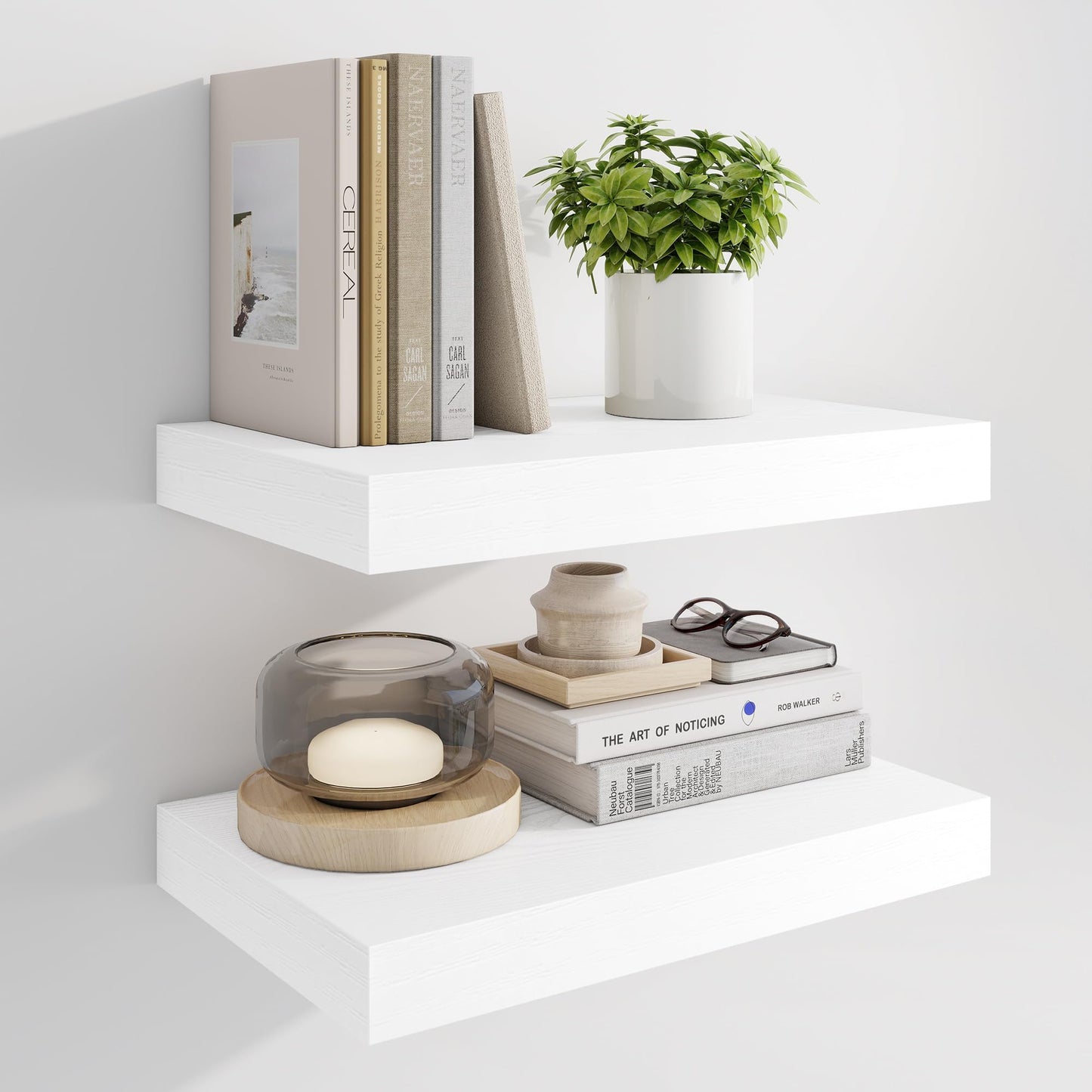 Marsmiles 16" Floating Shelves for Wall, Wooden Shelves with Invisible Brackets Set of 2, Rustic Farmhouse Wall Mounted Shelf for Kitchen Bathroom Living Room Study, White