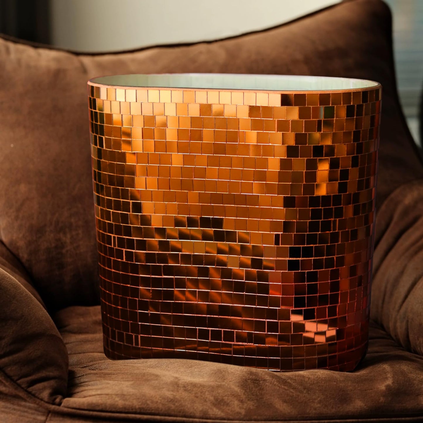 WDHODEC Rose Gold Mosaic Waste Basket (9.8" Tall) | Narrow Oval Decorative Trash Can for Bathroom Vanity & Toilet Side | Luxury Handcrafted Mirror Accent Dual-Use Flower Vase