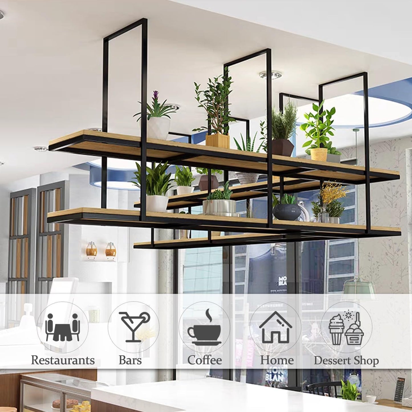 GFRWKCEX Ceiling Hanging Shelf, Suspended Storage Holder/Flower Stand, Wall Mounted Wine Rack Organizer Decorations Holder for Bar Restaurants Cafe(60x30x80cm)