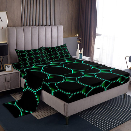 Honeycomb Bed Sheets Set Queen Size Geometric Hexagonal Beehive Sheet Set for Boys,3D Stereoscopic Green Hexagon Sheets,Neon Simplistic Geometrical Black Room Decor