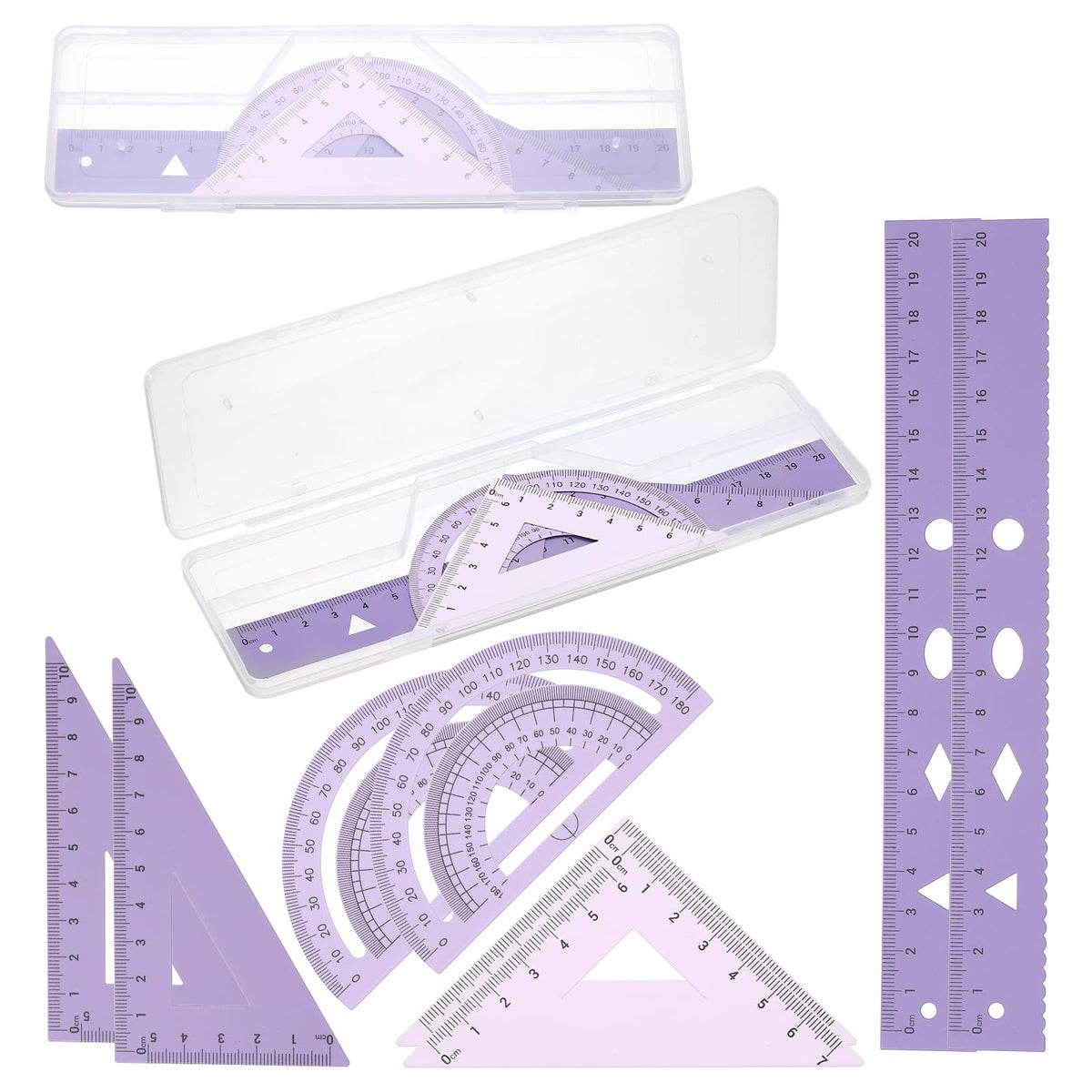 PATIKIL Geometry Set, 2 Pack 8 Inch Aluminum Ruler & 4 Triangles, Metal Protractor Ruler Math Drafting Measuring Tool for Home Office Math Drawing Engineering Art,Gradient Purple
