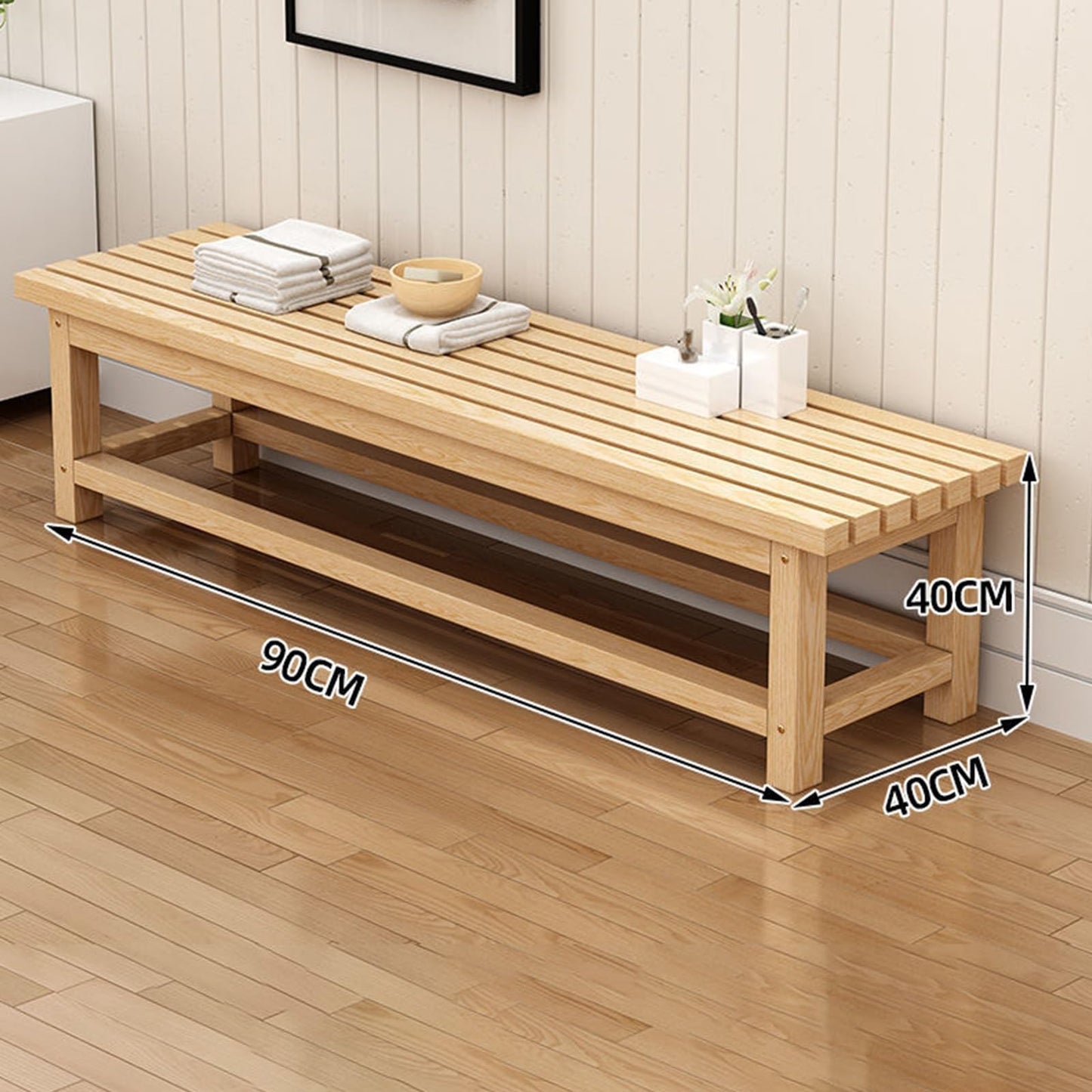 Backless Wooden Patio Bench for 2, Slatted Design Garden Seat, Versatile Indoor/Outdoor Furniture for Balcony, Porch, Lawn & Backyard (90x40x40cm),90x40x40cm