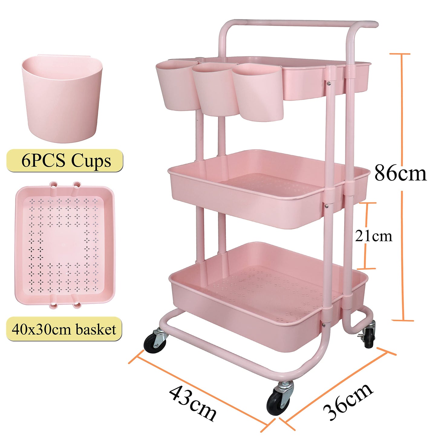 Freletry 3 Tier Utility Rolling Cart Storage Organizer Shelf Rack with 6PCS Hanging Cups for Home Office Kitchen Bathroom Storage (Pink)