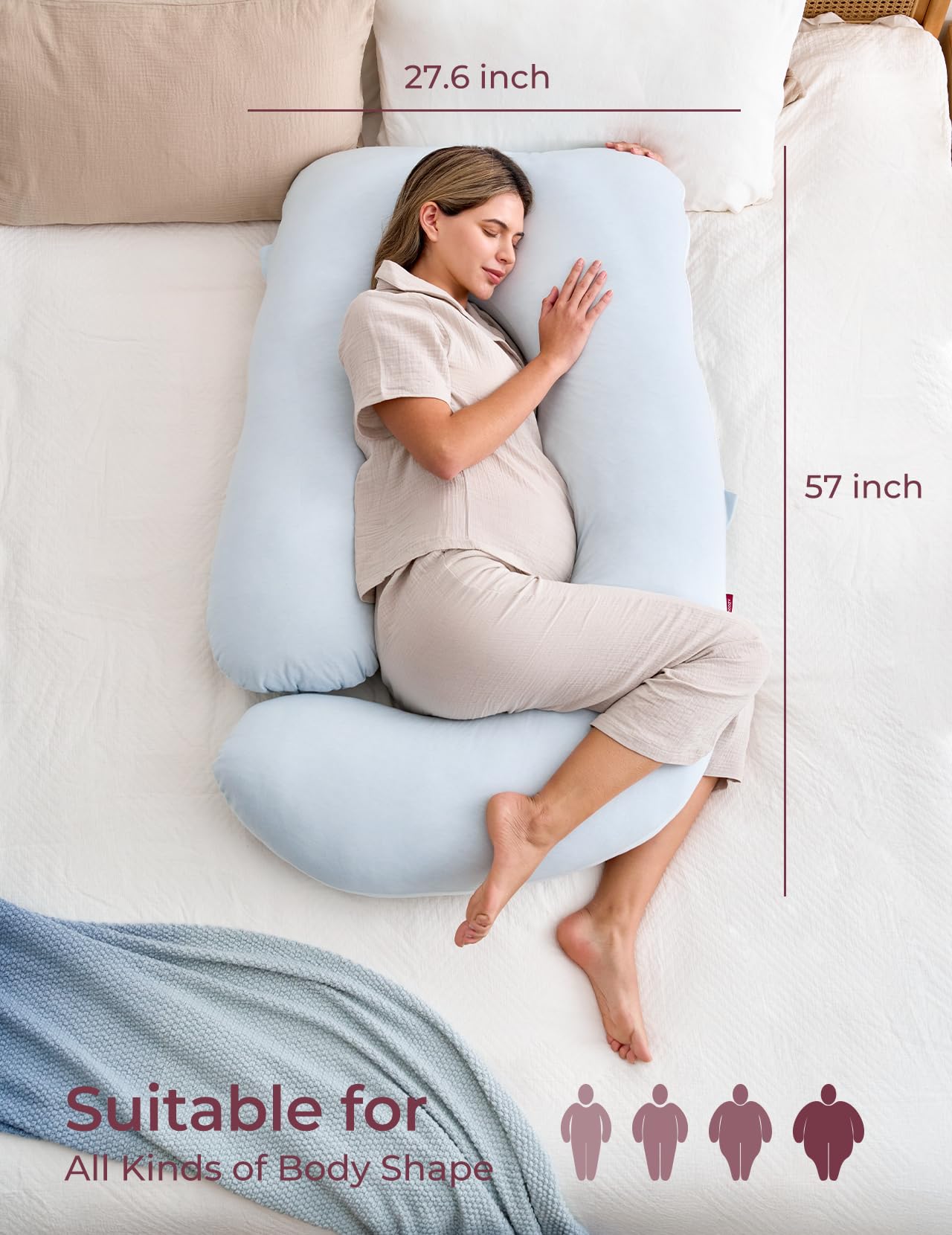 Momcozy Pregnancy Pillows for Sleeping, U Shaped Full Body Pillow for Pregnancy Women with Removable Jersey Cotton Cover, 57 Inch Maternity Pillow, Light Blue