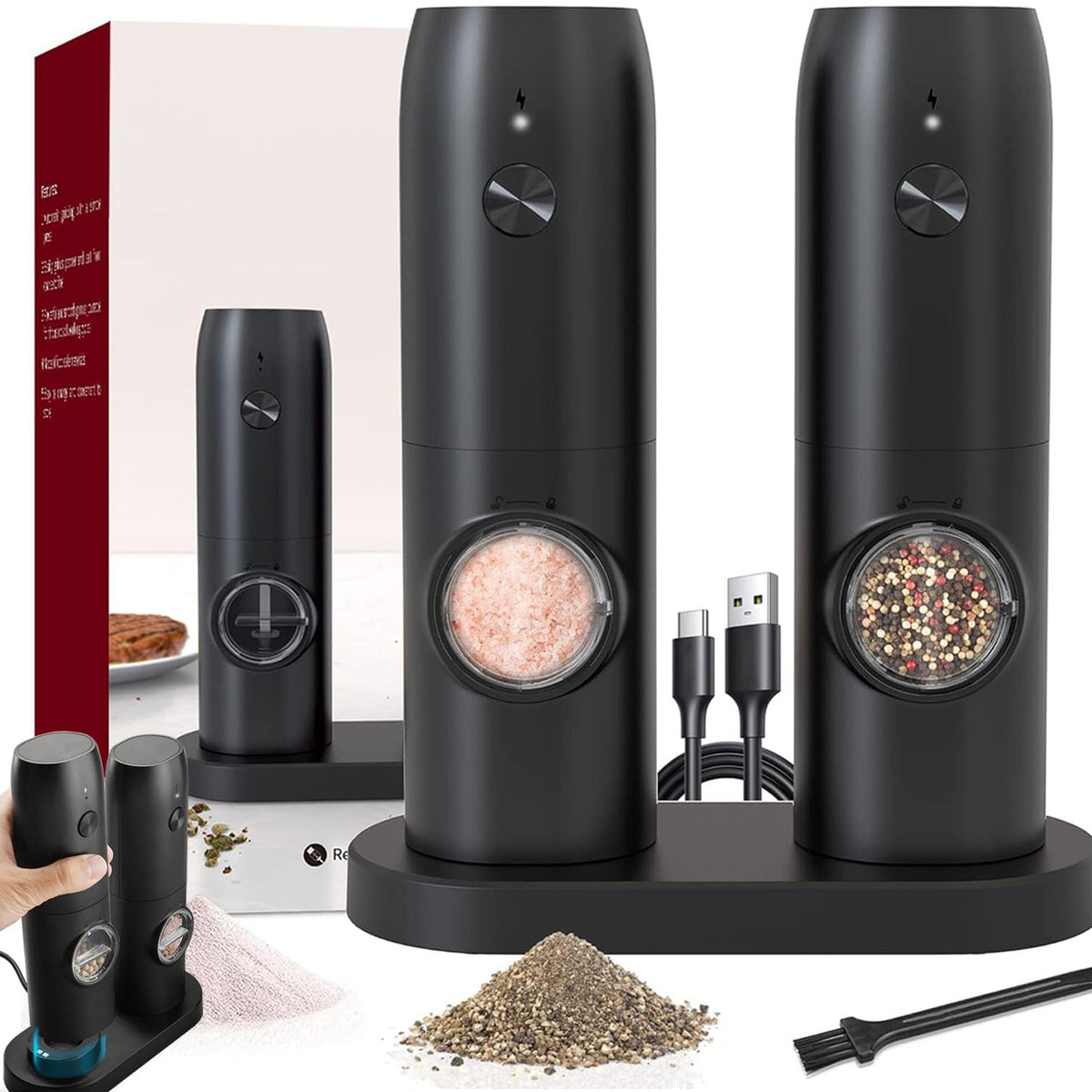 Electric Salt and Pepper Grinder Set of 2, Automatic Pepper Mill,USB Rechargeable, Adjustable Coarseness, One-handed Operation, Ceramic Burr,Refillable, Auto Grinders with Charging Base LED Light