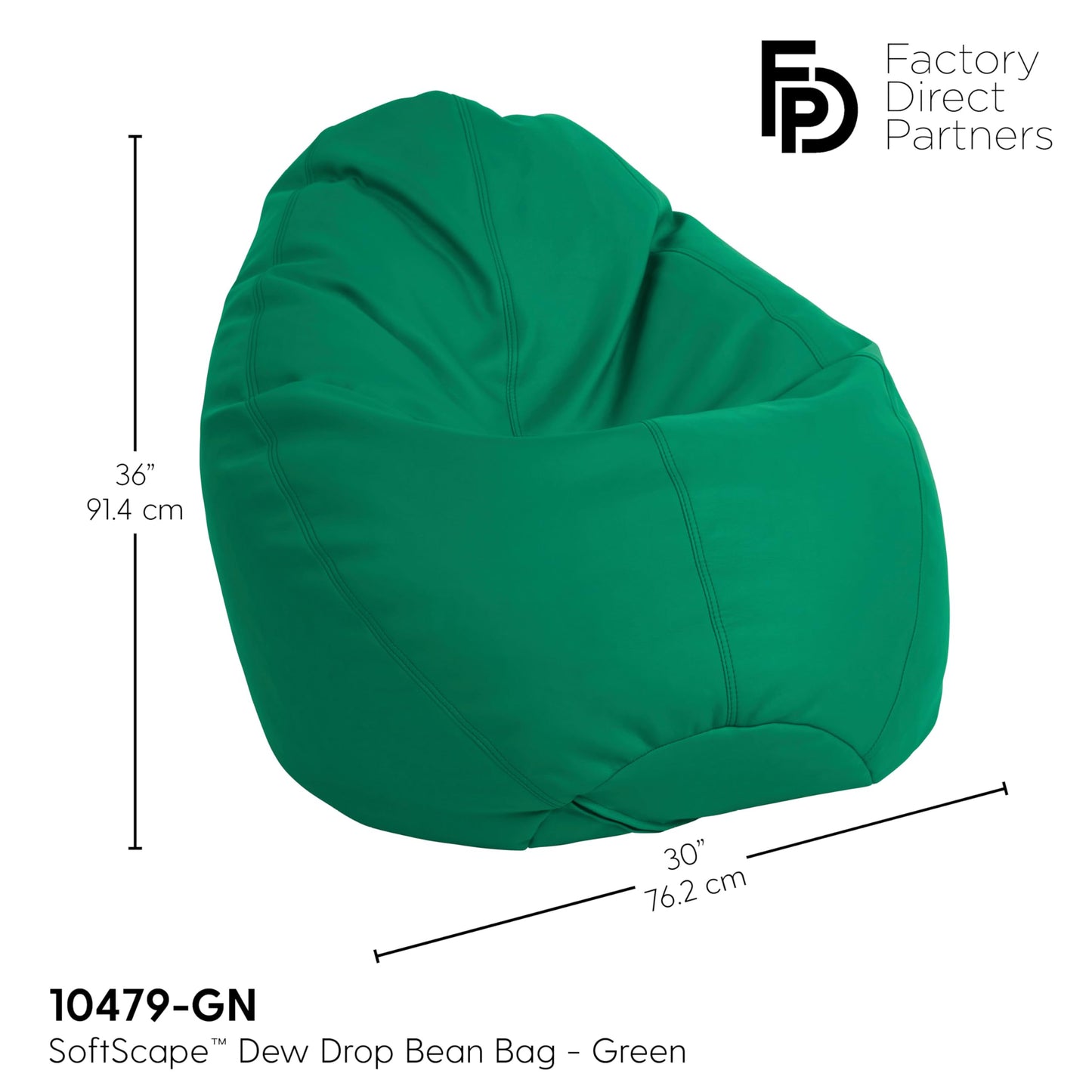 FDP SoftScape Dew Drop Bean Bag Chair with Supportive High-Back Design, For Kids, Teens and Adults, Alternative Seating for Dorms, Schools, Libraries, Daycares or Home - Green