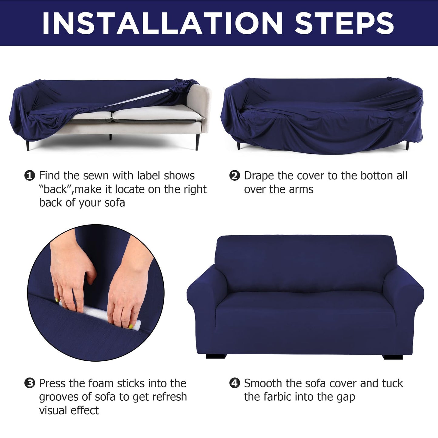 Peryiter 3 Pcs Couch and Loveseat Covers Set Sofa Cover for Couch Sofa Slipcover for Living Room Arm Chair Furniture Protector(Navy Blue,Milk Silk Spandex)
