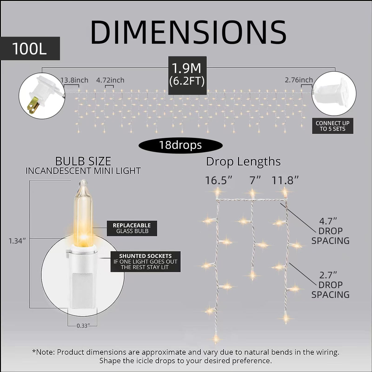 LAMPHOME 6.2FT 100 Clear Icicle Lights, White Wire, Indoor/Outdoor Christmas Holiday Lights