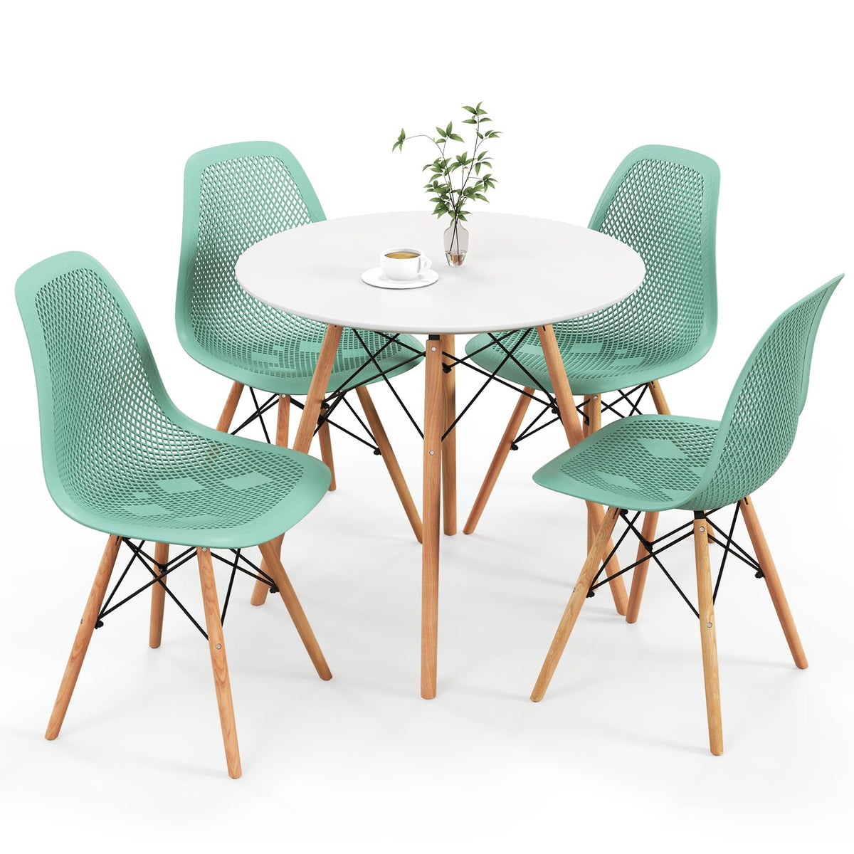 Giantex Round Dining Table Set for 4, 31.5" Kitchen Table and Chairs with Solid Wood Legs, Mesh Plastic Seats, Metal Frame, Space Saving Dinette Set for Apartment, Home Office (White+Green)