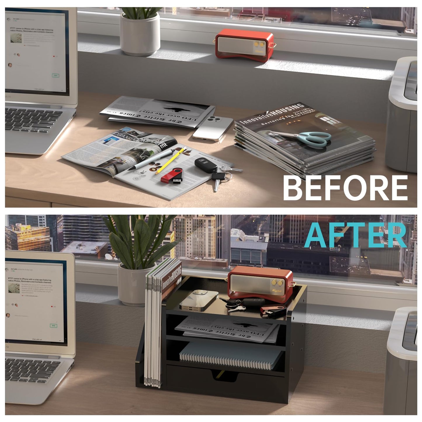 NiOffice Multi-Tier Wood Desk File Organizer, 3 Tray Shelves & Adjustable Drawer - Space-Efficient Design for Efficient Office Setup, Reduces Desk Clutter (Black)