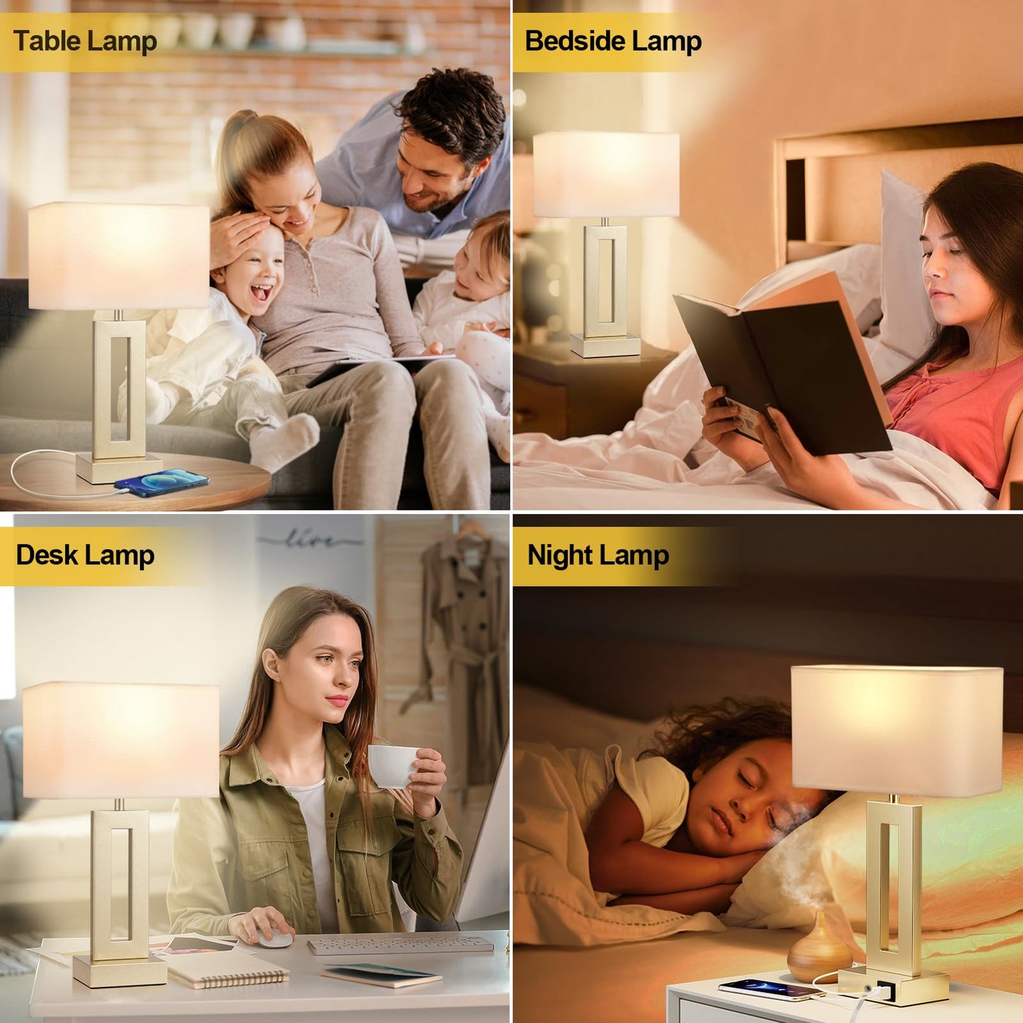 Seealle Bedroom Table Lamps Set of 2 - Touch Bedside Lamps with USB C+A, 3 Way Dimmable Gold Lamp for Nightstand, Modern Night Stands Lamps for Living Room End Tables Desk Bed Side Study Room(16.4n)