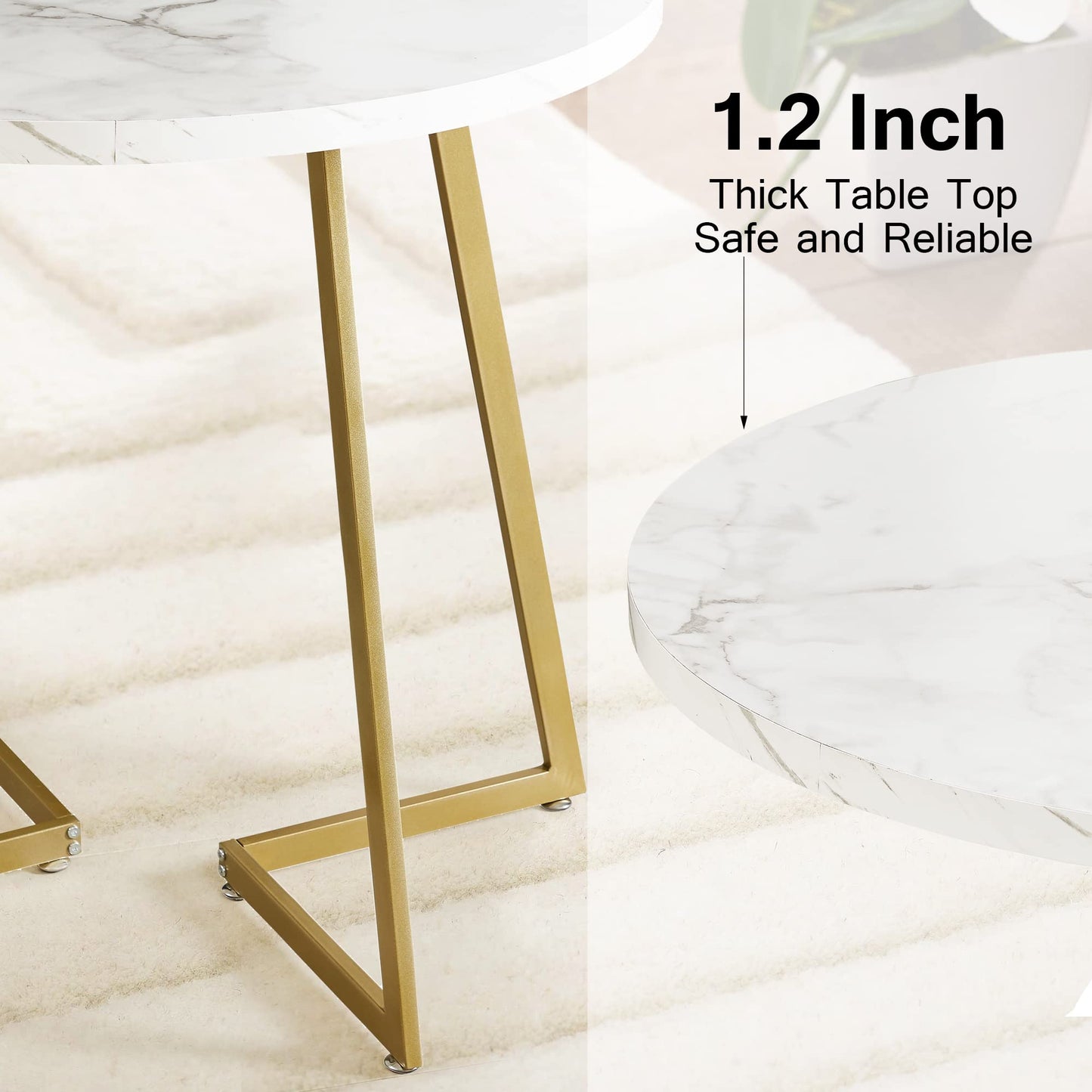 VECELO Round Dining Room Table with Wood Grain Tabletop and Steel Frame, for Kitchen, Living Room, Office, Conference, 2 to 4 Person, White & Gold