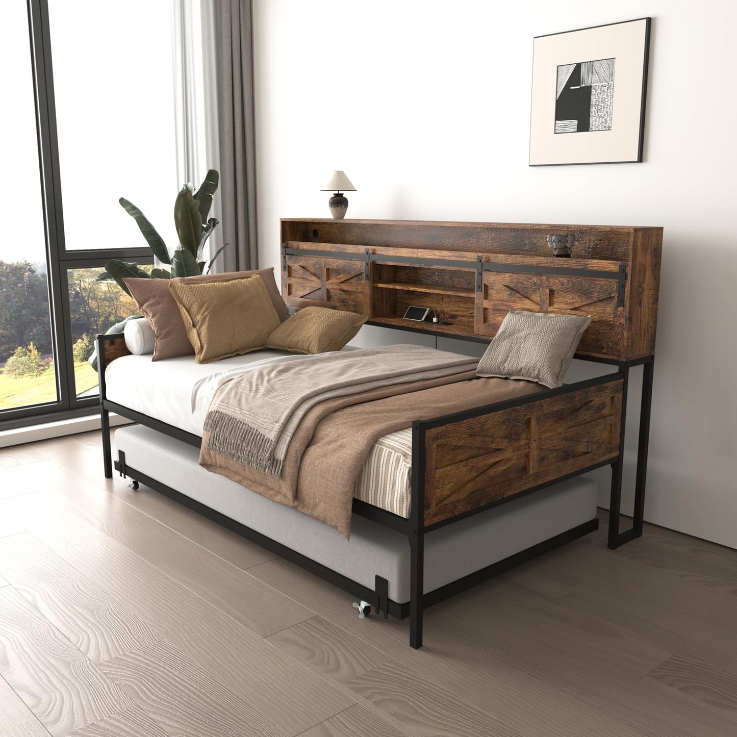 Daybed with Trundle and LED Lights, Metal Twin Bed Frame with Sliding Barn Door Headboard & Charging Station, Day Bed Pop Up Trundle Bed for Living Room Bedroom Guest Room (Black+Brown, Twin)