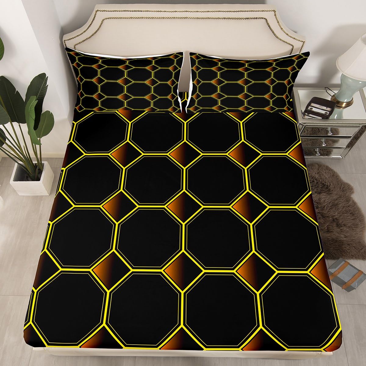 Honeycomb Bed Sheets Set Queen Size Geometric Hexagonal Beehive Sheet Set for Boys,3D Stereoscopic Yellow Hexagon Sheets,Neon Simplistic Geometrical Black Room Decor