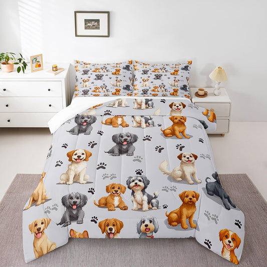Kids Cute Dog Comforter Set Toddler Cartoon Dogs Bedding Set for Boys Girls Children Pet Dog Puppy Animal Lover Comforter Lovely Dog Paw Down Alternative Comforter for All Season Room Decor Twin Size
