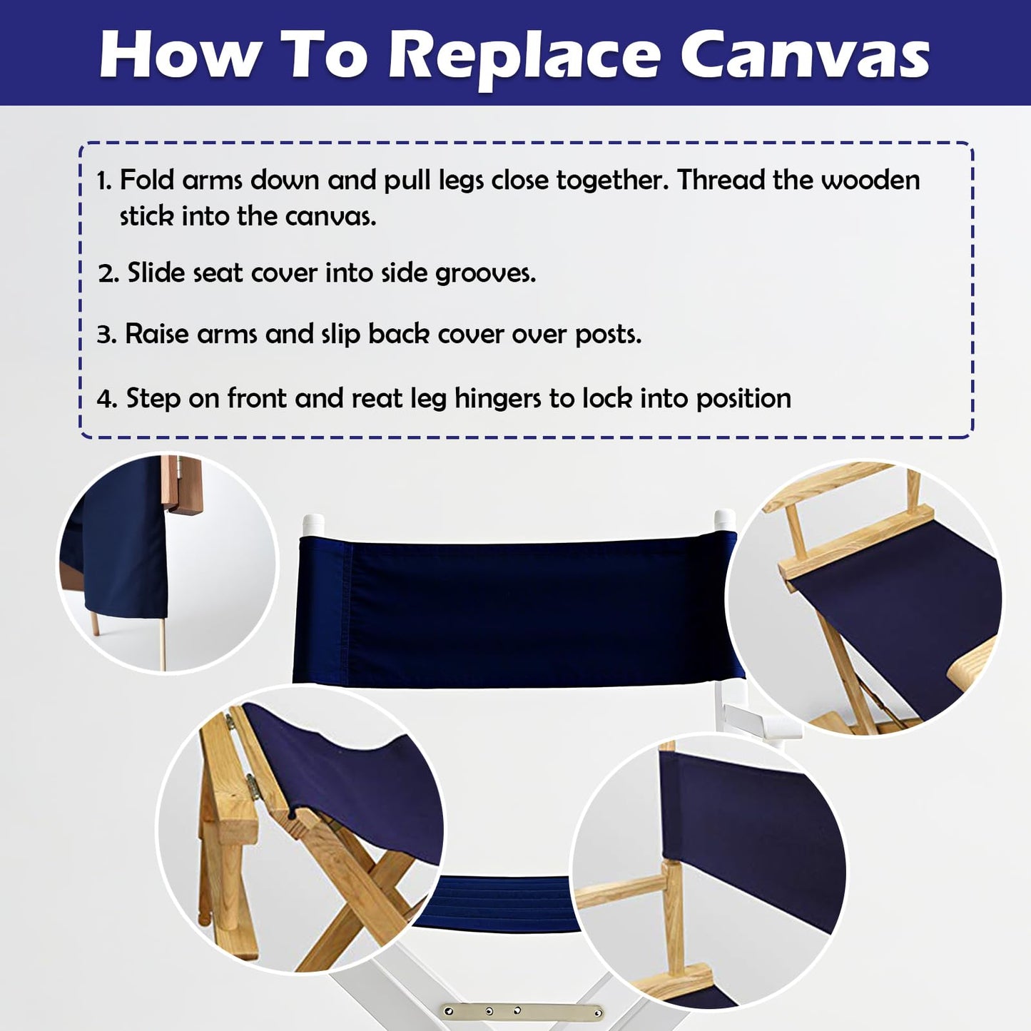 STAY GENT 18''L X 15''W 2 Set Directors Chair Replacement Canvas for 18'' Director Chairs, Replacement Cover Canvas Seat and 19.7''L X 6.3''W Back Covers Kit for Director Chairs Movie Chair, Navy Blue