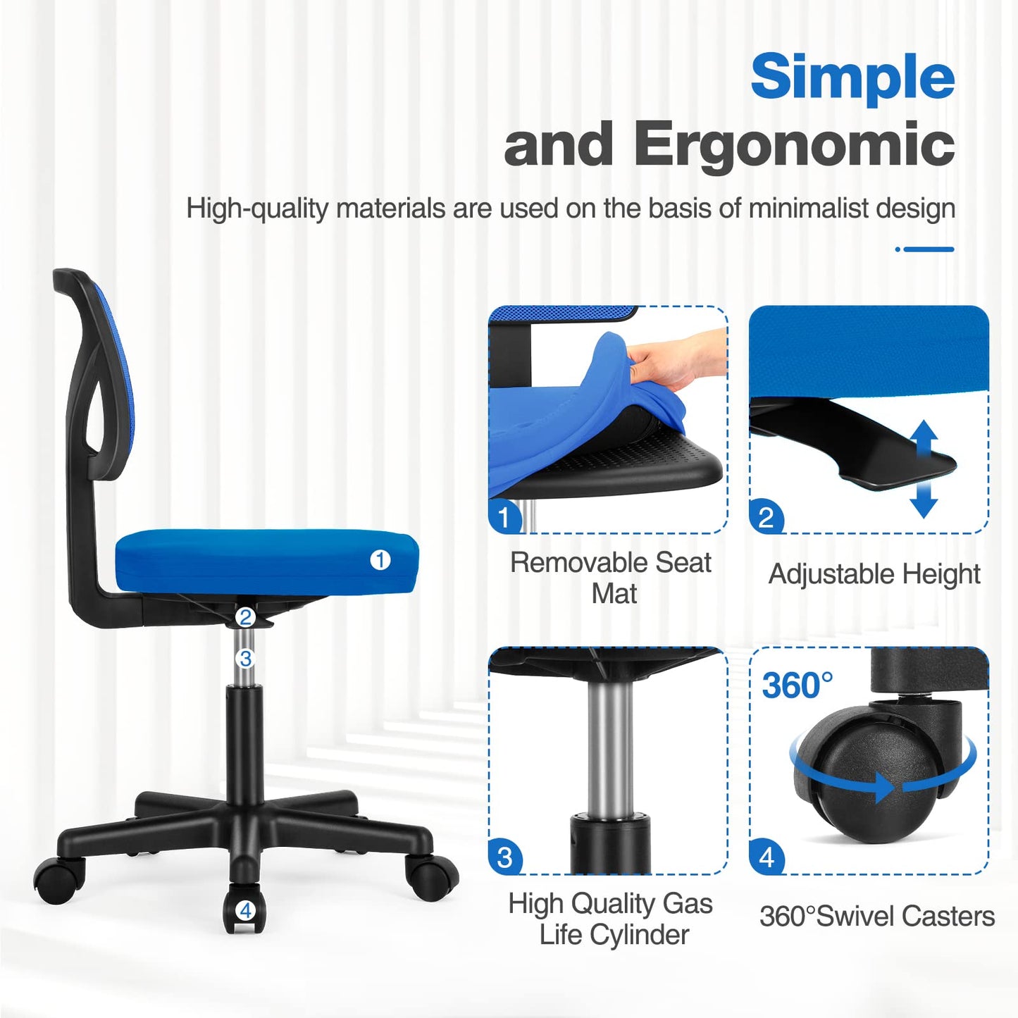 Sweetcrispy Office Chair, Ergonomic Low-Back Mesh Rolling Work Swivel Chairs with Wheels, Armless Comfortable Seat Lumbar Support for Home, Bedroom, Study, Student, Adults,Classic Blue
