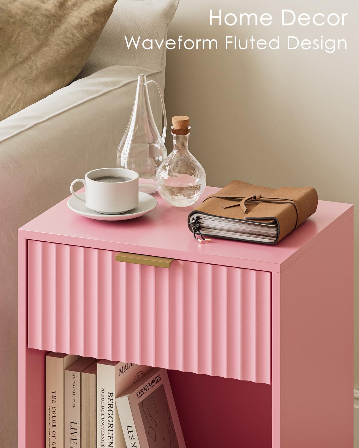 Masupu Fluted Nightstand, Modern Night Stand Wood Bedside Table with Storage Drawer Side End Table for Bedroom, Office, Pink