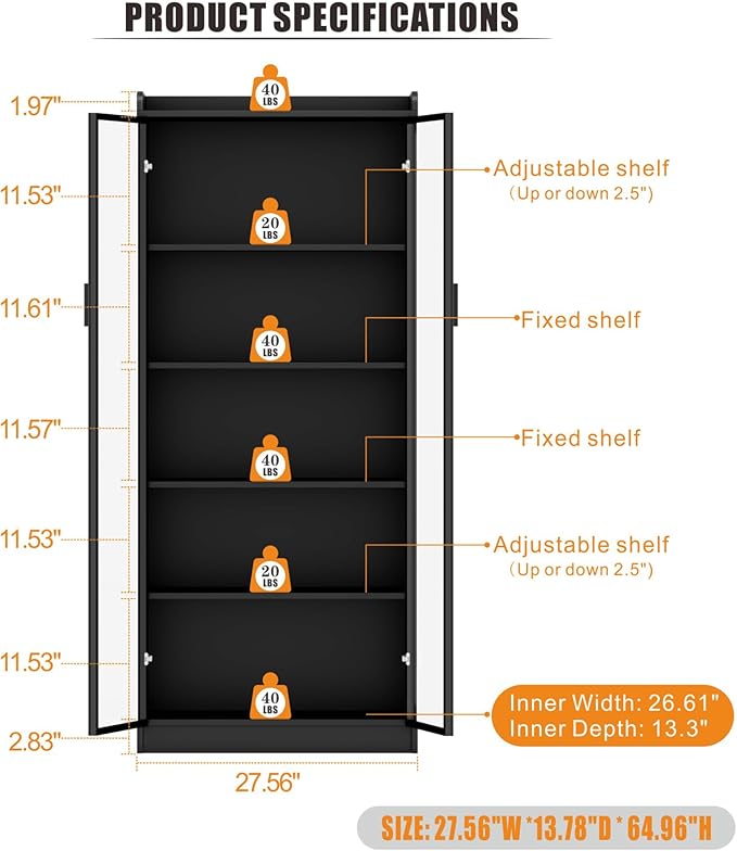 Dystler Display Cabinet with Adjustable Shelves, 5 Tier Display Case