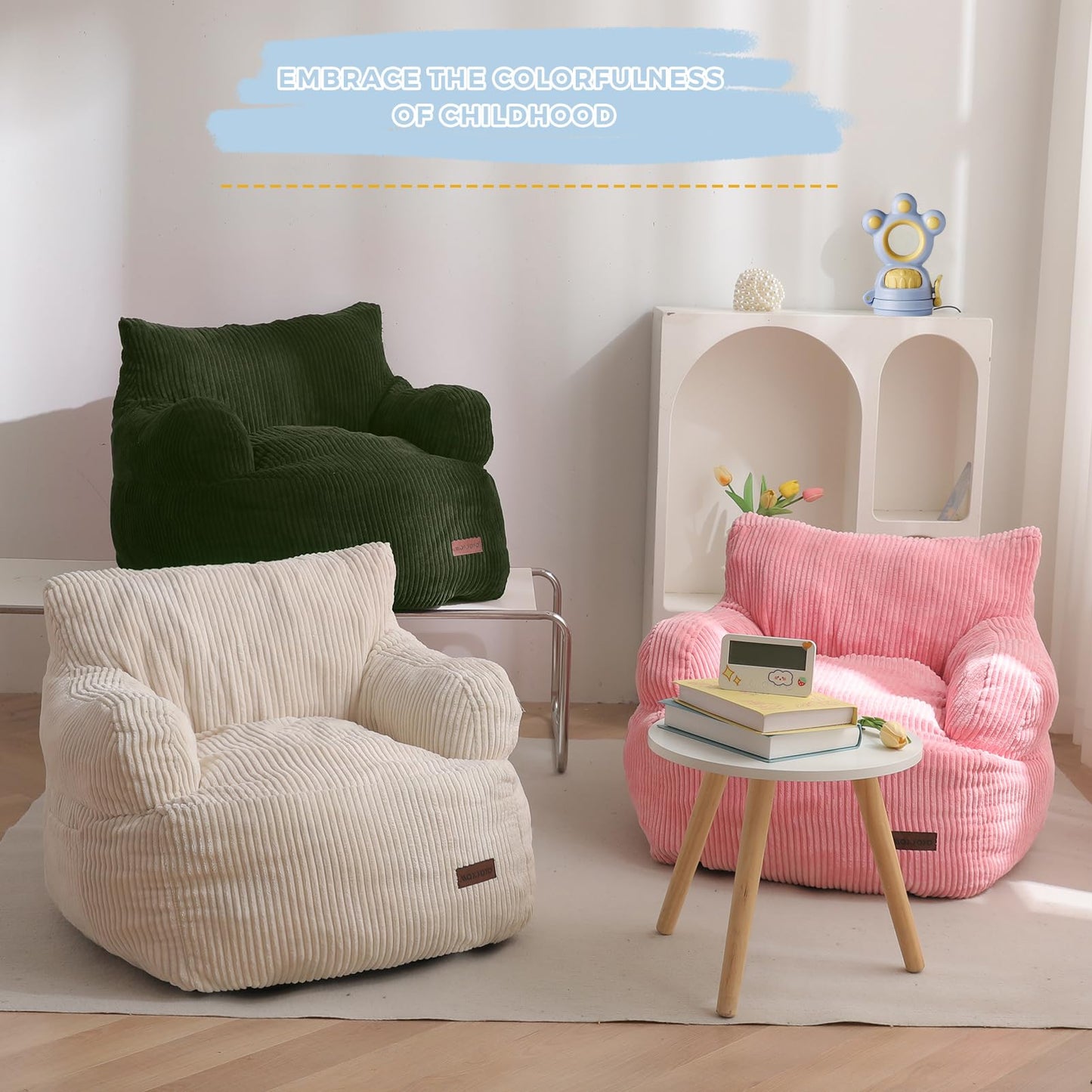 MAXYOYO Kids Bean Bag Chair, Stuffed Toddler Bean Bag Sofa with Filler Cozy for Boys and Girls, Lazy Sofa with Pocket Floor Chair for Gaming, Reading, Dark Green