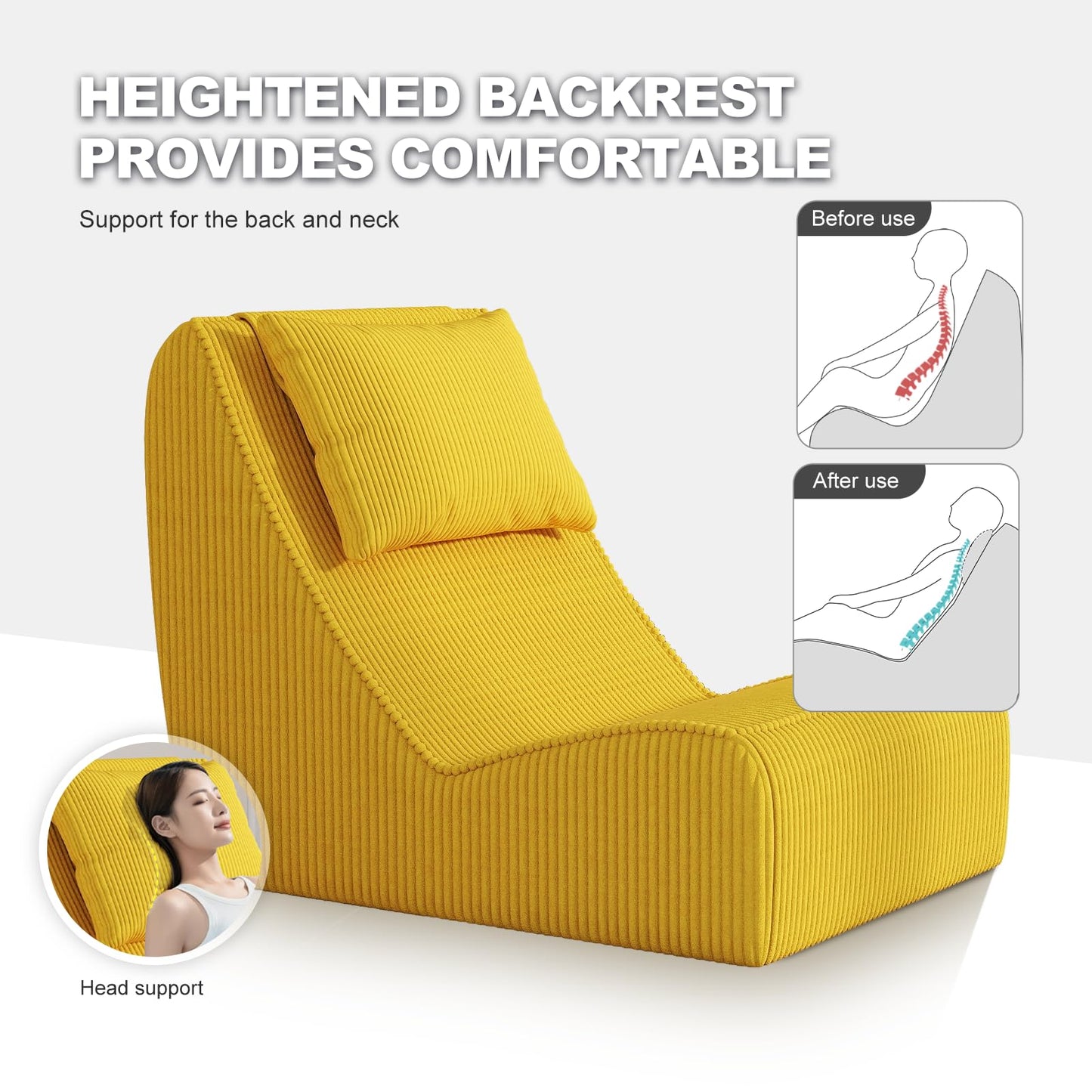 Giant Bean Bag Chair for Adults,Corduroy Chaise Lounge with Unrivaled Back Support, Detachable Neck Pillow, Comfortable Ottoman & Washable Cover for Living Room, Bedroom, Garden (Corn Yellow)