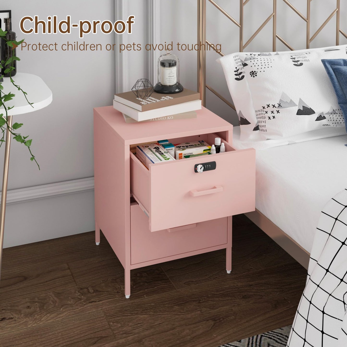 Steehoom Metal Nightstand with Lock, 2 Drawer End Side Table, Lockable Storage Cabinet Kids Cabinet for Living Room, Bedroom, Dorm, 21.26”H X 15.75”W X 15.75”D (2 Drawer, Pink)