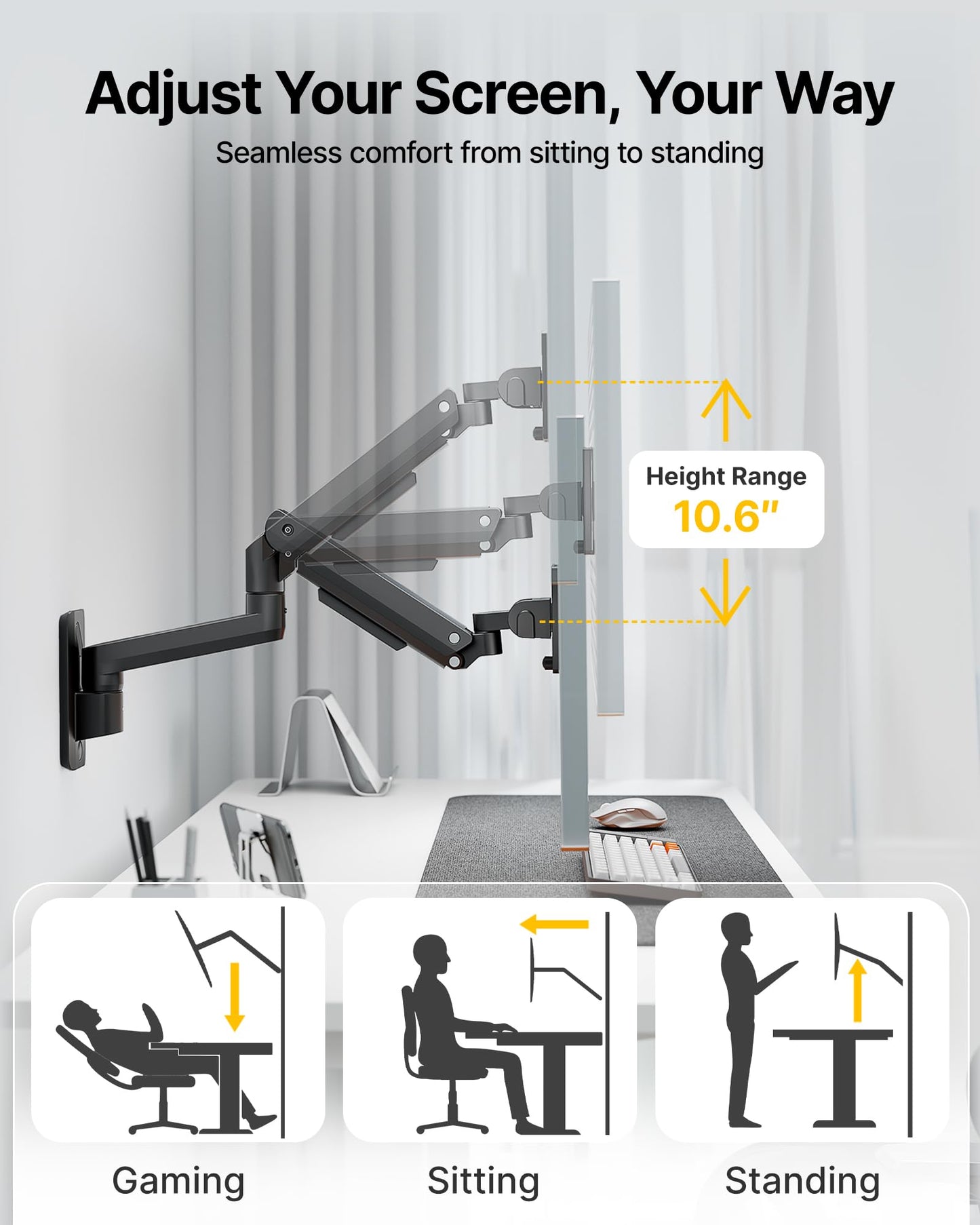 monTEK Ultra Wide Wall Mount Monitor Arm for 17-49 Inch Screens, Heavy Duty Single Monitor Mount up to 44 lbs, Fully Adjustable Gas Spring Wall Mount, 75x75/100x100 VESA Mount, Black