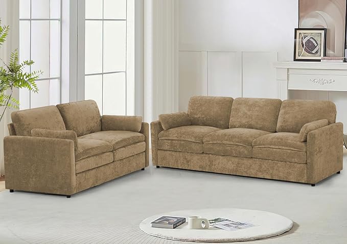 Comfy Chenille Sofa Set with Well-Filled Pillows, Modern 3 Seater and Loveseat